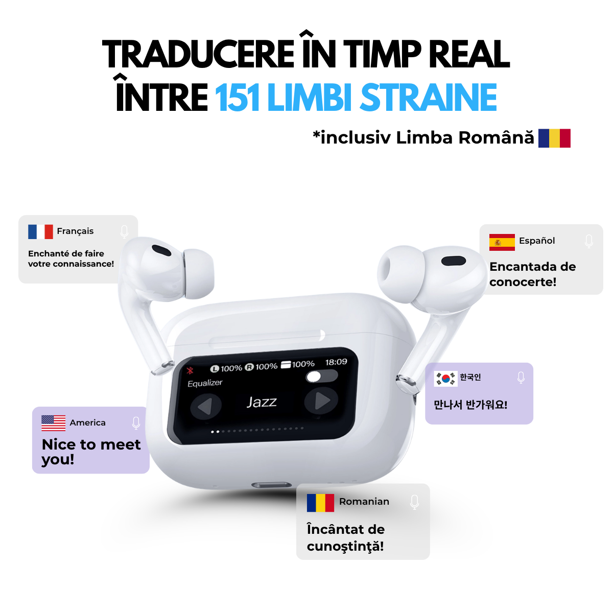 Casti cu Traducator pentru Conversatii in timp real, 151 Limbi Straine, Dialecte, Carcasa incarcare cu Touch Screen, Bluetooth 5.4, Control tactil, A9pro, easyCTRL®