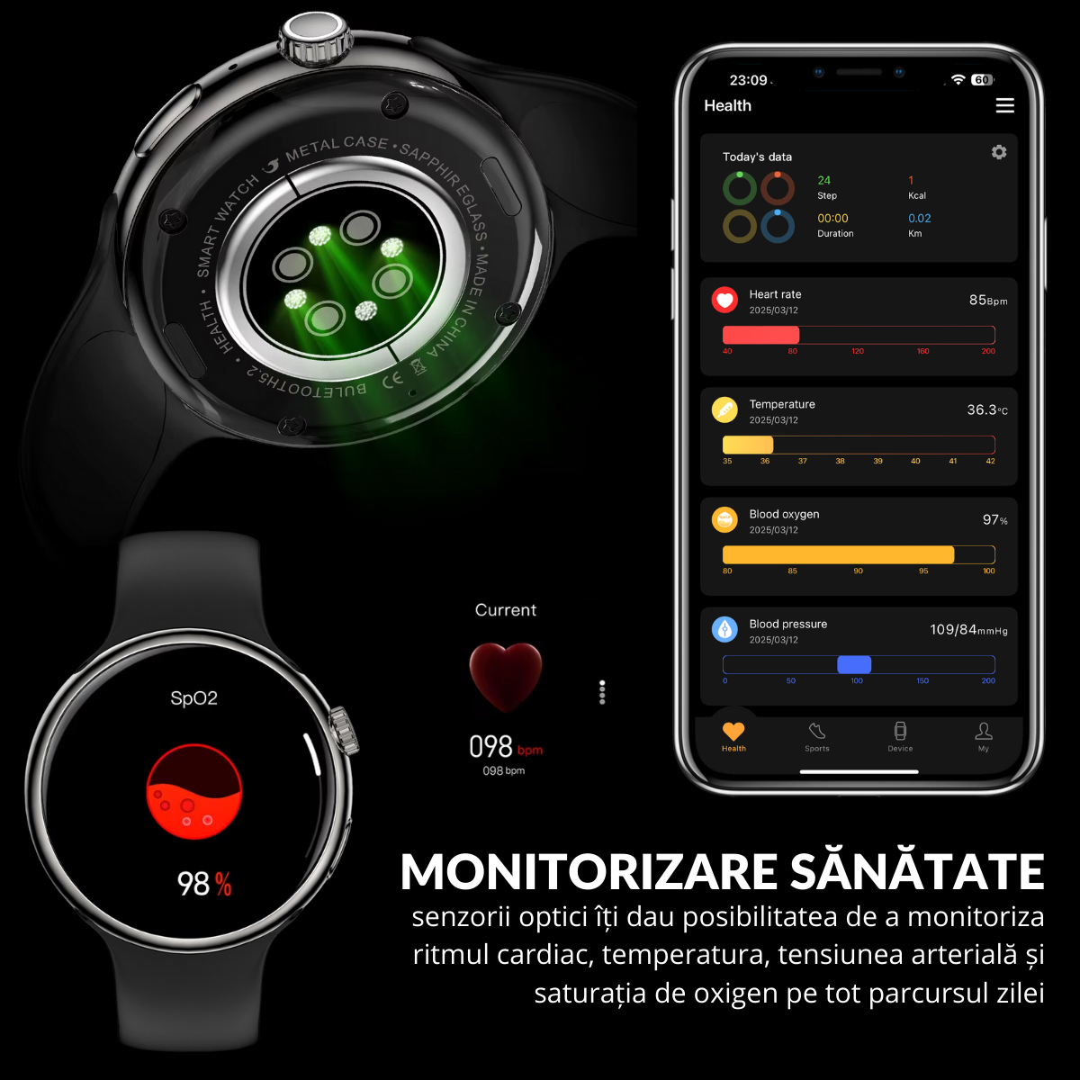Ceas smartwatch de dama, Ecran Tactil LCD 1.46", Control prin Gesturi, Apel Bluetooth, Multi Sport, Monitorizare Sanatate, Negru, easyCTRL®