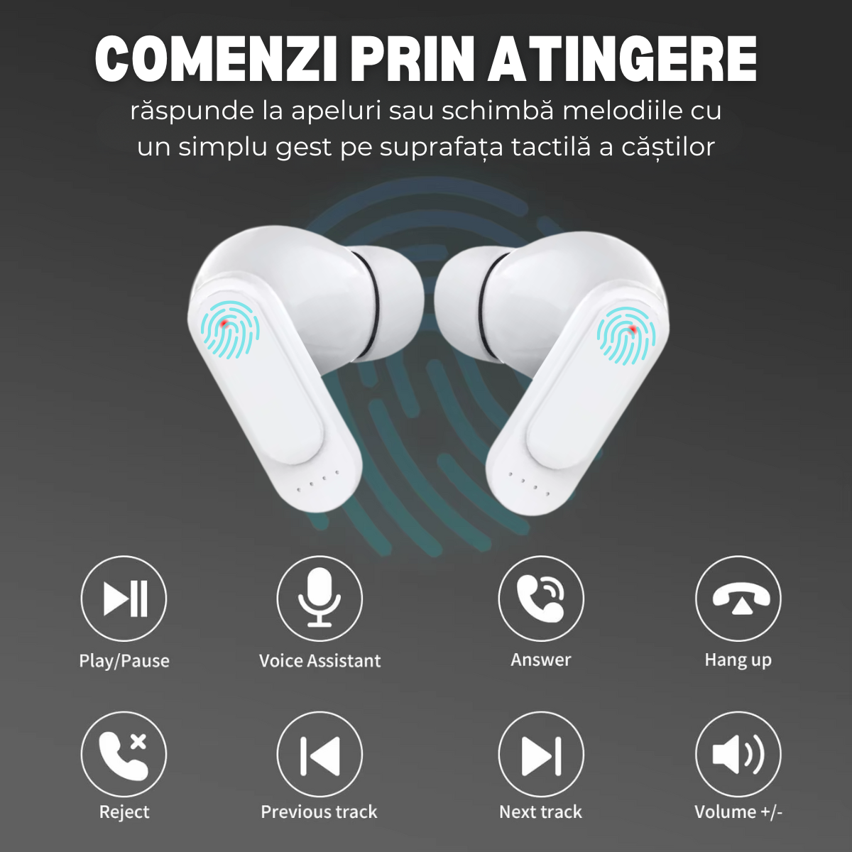 Casti Wireless In Ear, Carcasa cu Touch Screen, Bluetooth 5.4, Control Tactil, Anulare Zgomot ANC + ENC, Alb, easyCTRL®