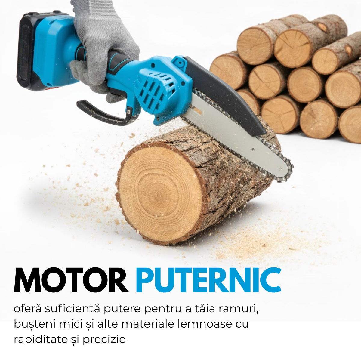 Mini Drujba Electrica Portabila, Fierastrau, 2 Acumulatori, 2 Lanturi, Buton de siguranta, Aparatoare mobila