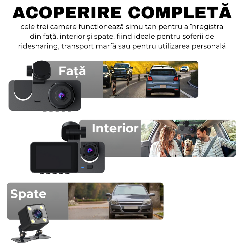 Camera Auto tripla de bord, Frontala / Interioara / Marsarier, DVR, Wi-Fi, Full HD, Unghi 170°, Mod Parcare, Senzor Miscare, Display 2", G-Senzor, Aplicatie dedicata, X15, easyCTRL®