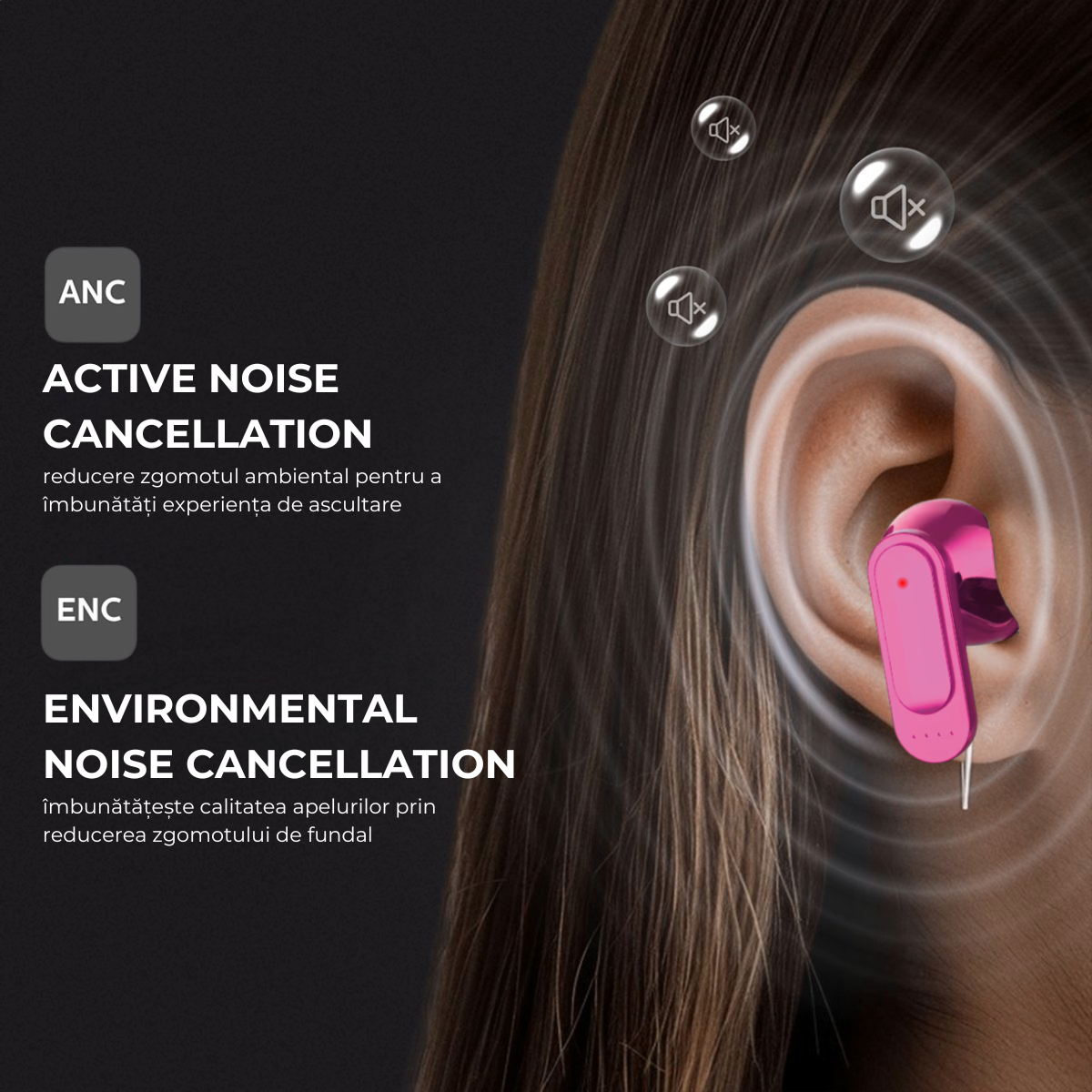 Casti Wireless In Ear, Carcasa cu Touch Screen, Bluetooth 5.4, Control Tactil, Anulare Zgomot ANC + ENC, Mov, easyCTRL®