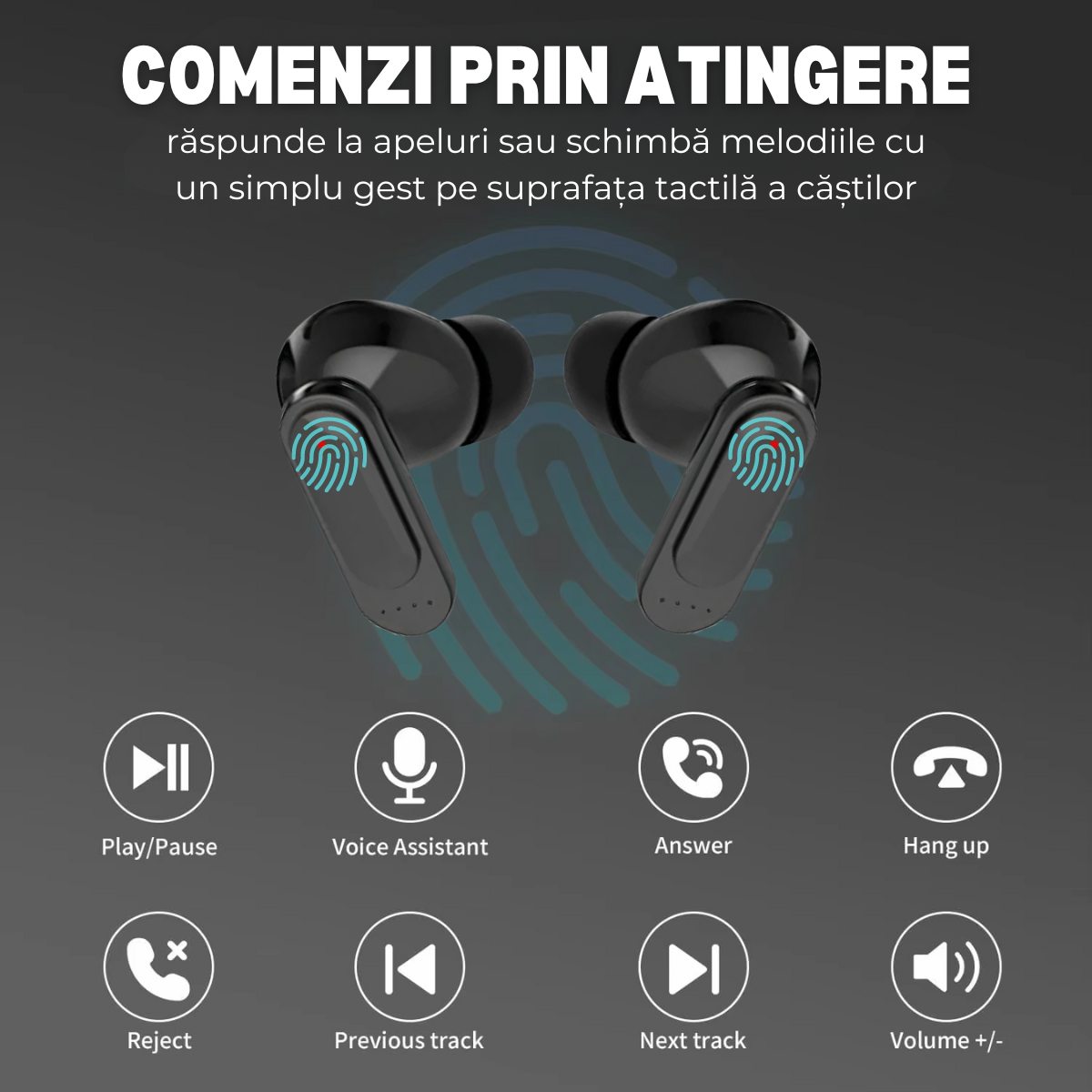 Casti Wireless In Ear, Carcasa cu Touch Screen, Bluetooth 5.4, Control Tactil, Anulare Zgomot ANC + ENC, easyCTRL®, Negru