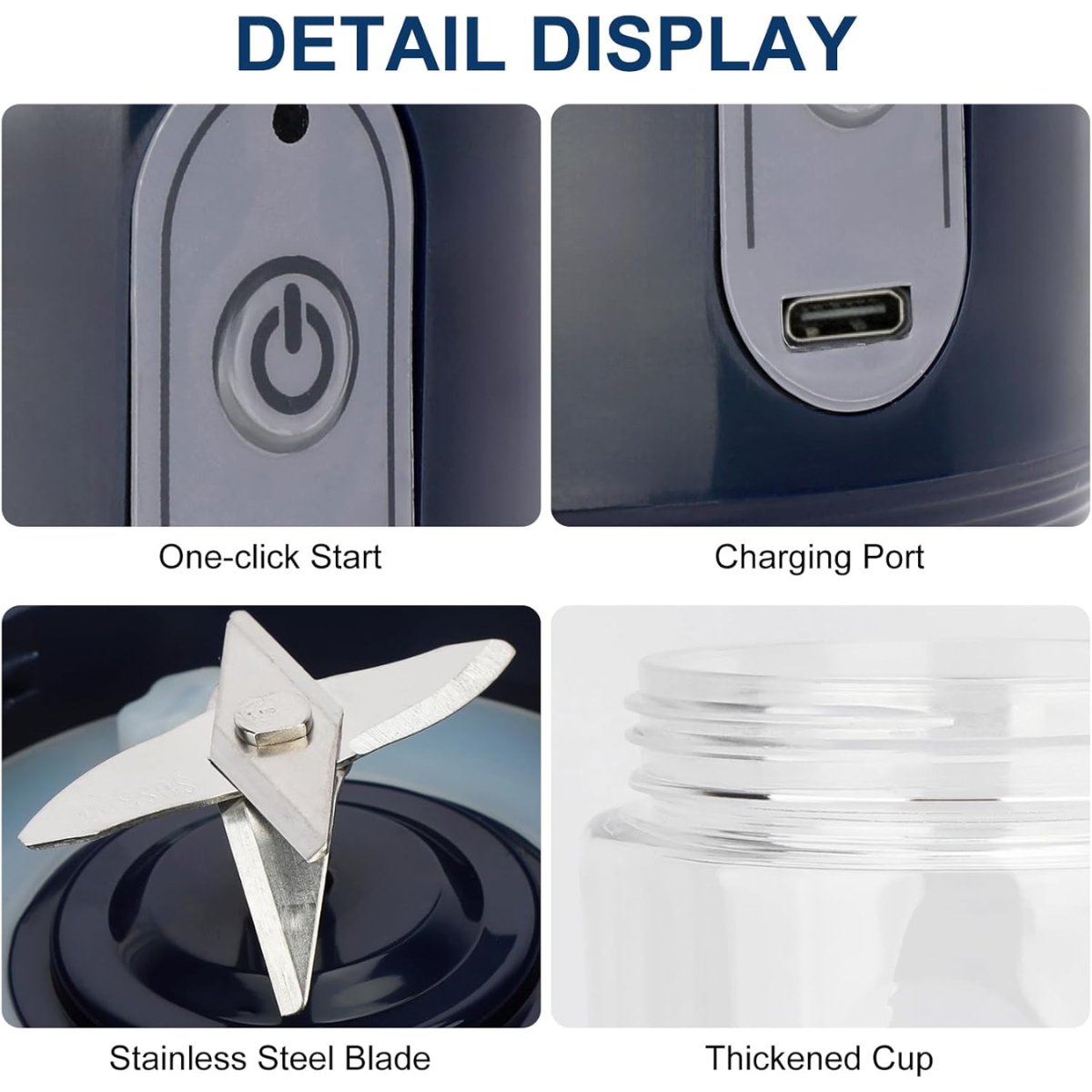 Mini Blender Portabil, 2 Recipiente, 400 ml, 6 Lame 3D, USB-C reincarcabil, 45W, Capac Inclus, Bleumarin, easyCTRL®