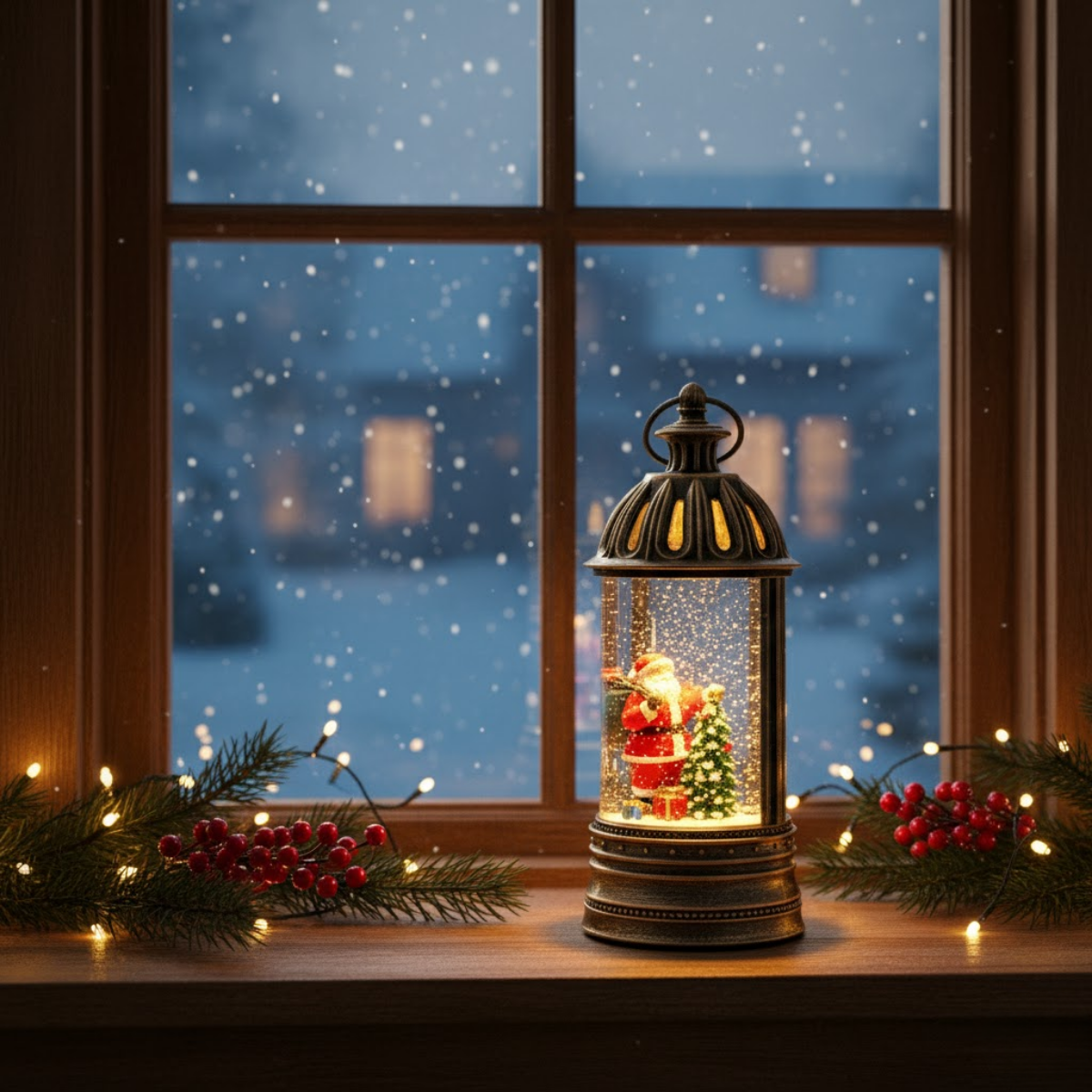 Felinar Decorativ Muzical, Brad si Mos Craciun, Iluminare LED calda, Zapada in Miscare, Alimentare USB sau Baterii