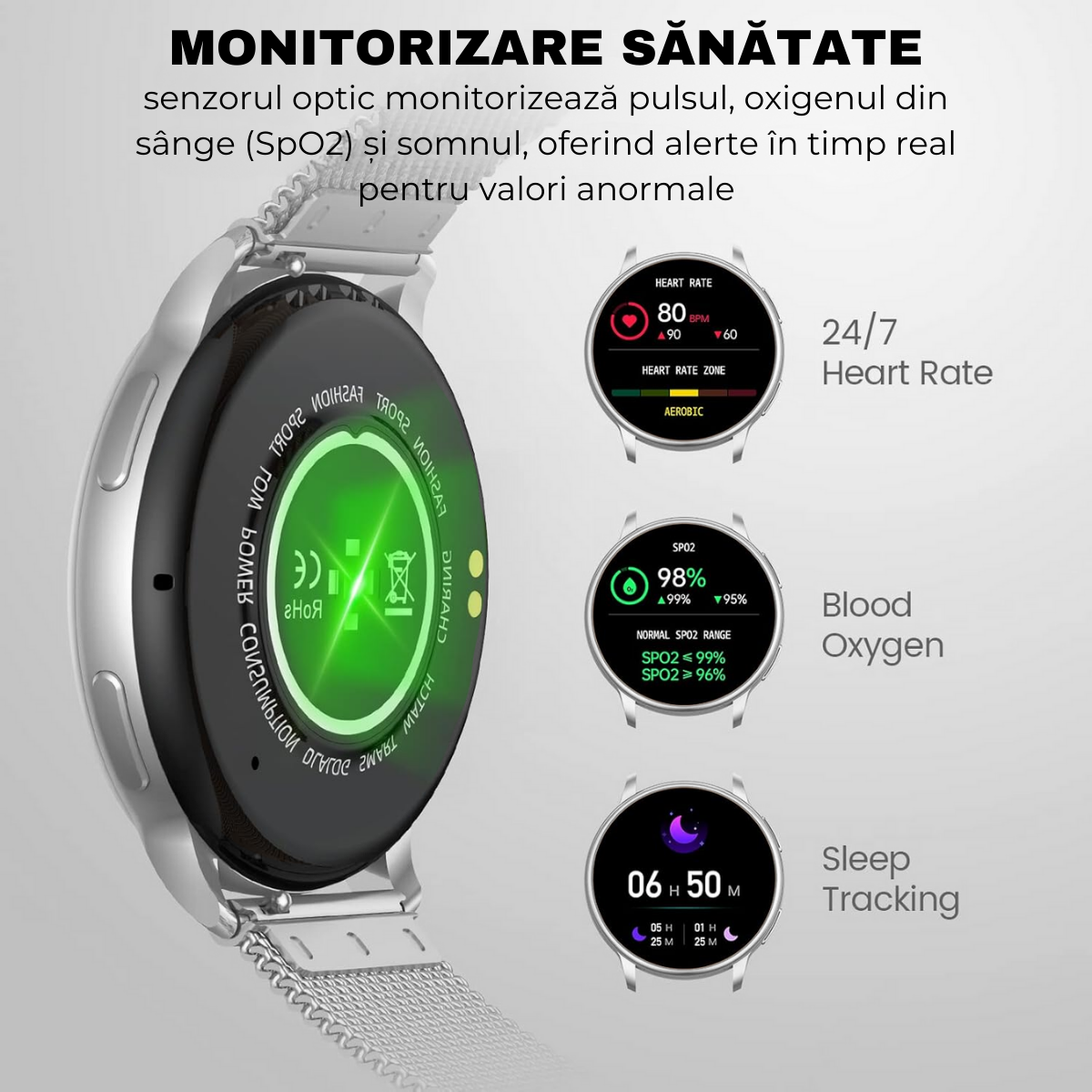 Ceas smartwatch dama, Ecran AMOLED 1.32", Notificari, Apel Bluetooth, AI Asistent Vocal, Multi Sport, Monitorizare Sanatate, easyCTRL®, Silver