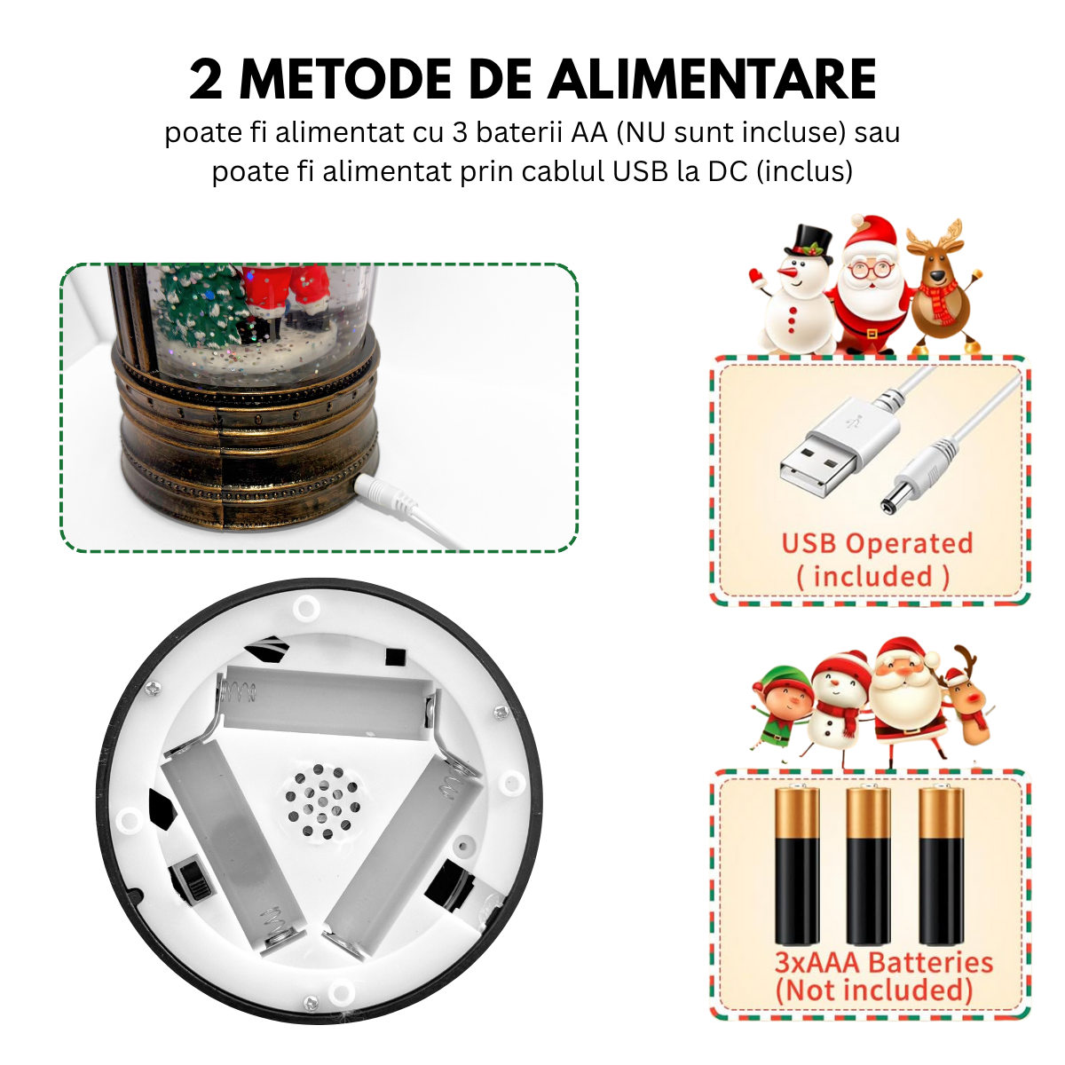 Felinar Decorativ Muzical, Brad si Mos Craciun, Iluminare LED calda, Zapada in Miscare, Alimentare USB sau Baterii