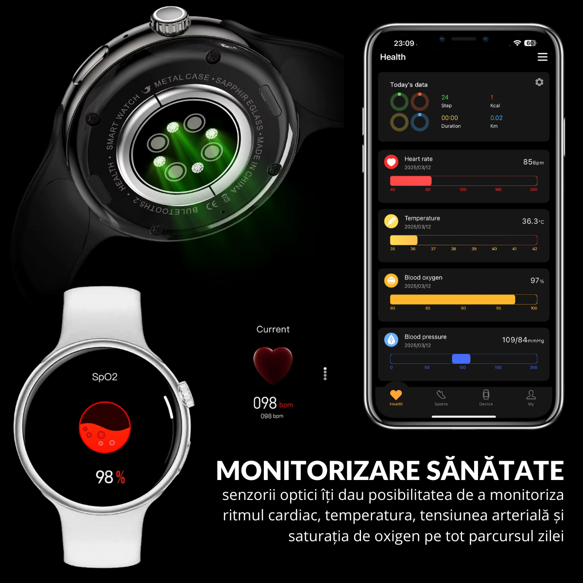 Ceas smartwatch de dama, Ecran Tactil LCD 1.46", Control prin Gesturi, Apel Bluetooth, Multi Sport, Monitorizare Sanatate, Alb, easyCTRL®