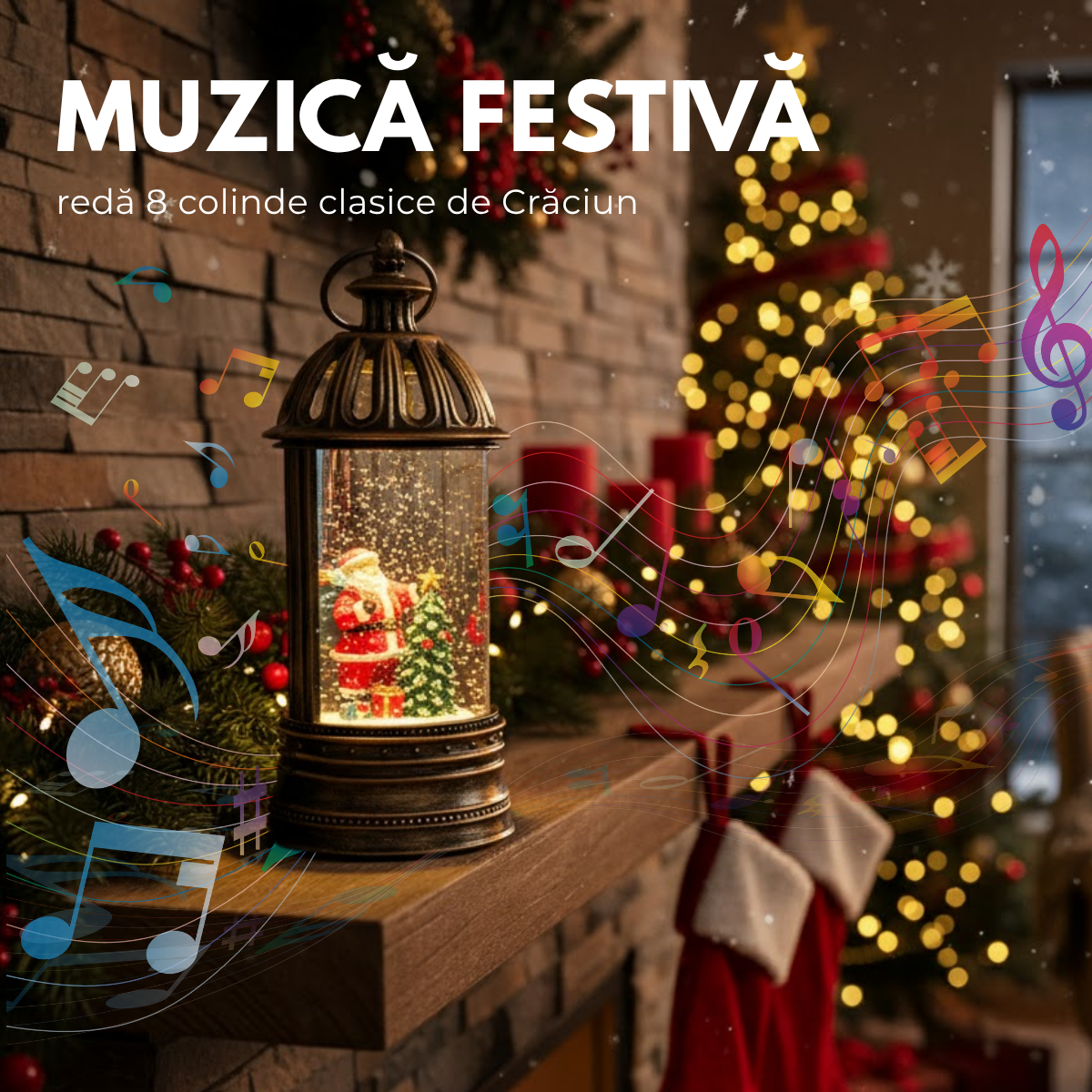 Felinar Decorativ Muzical, Brad si Mos Craciun, Iluminare LED calda, Zapada in Miscare, Alimentare USB sau Baterii