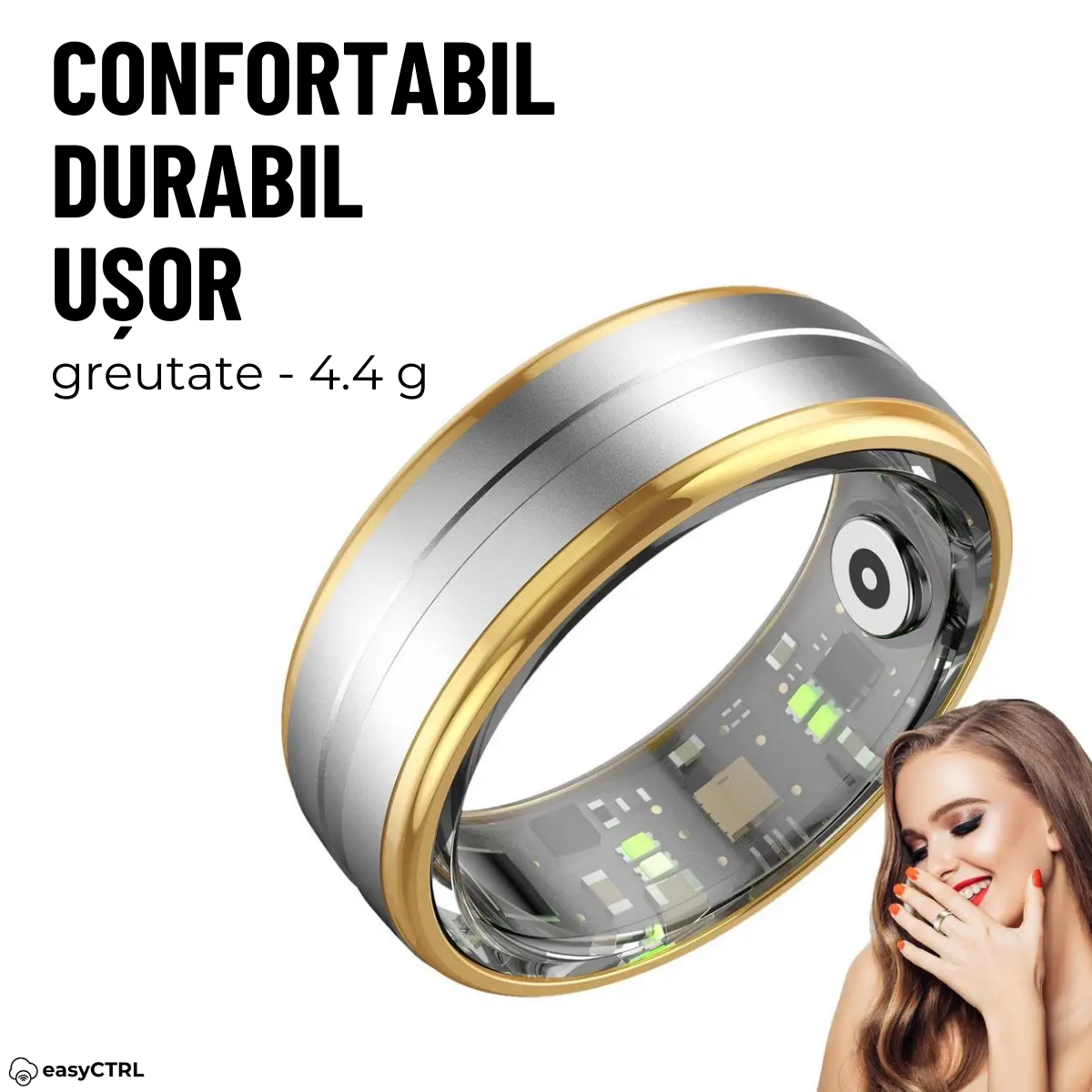 Smart Ring, Bluetooth, Wireless Charging Box, Monitors Pulse, Blood Oxygen, Sleep, Calories, Waterproof 5 ATM, Silver, easyCTRL®