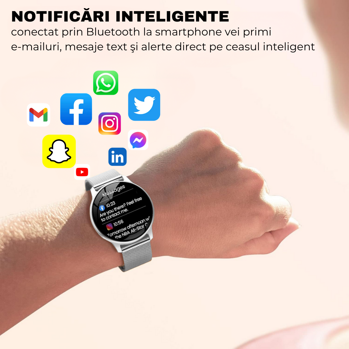 Women's smartwatch, 1.32" AMOLED screen, Notifications, Bluetooth Call, AI Voice Assistant, Multi Sports, Health Monitoring, easyCTRL®, Silver 