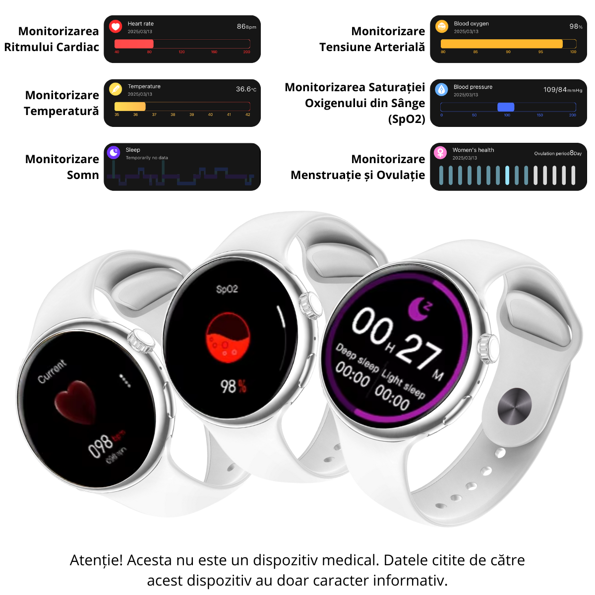 Ceas smartwatch de dama, Ecran Tactil LCD 1.46", Control prin Gesturi, Apel Bluetooth, Multi Sport, Monitorizare Sanatate, Alb, easyCTRL®