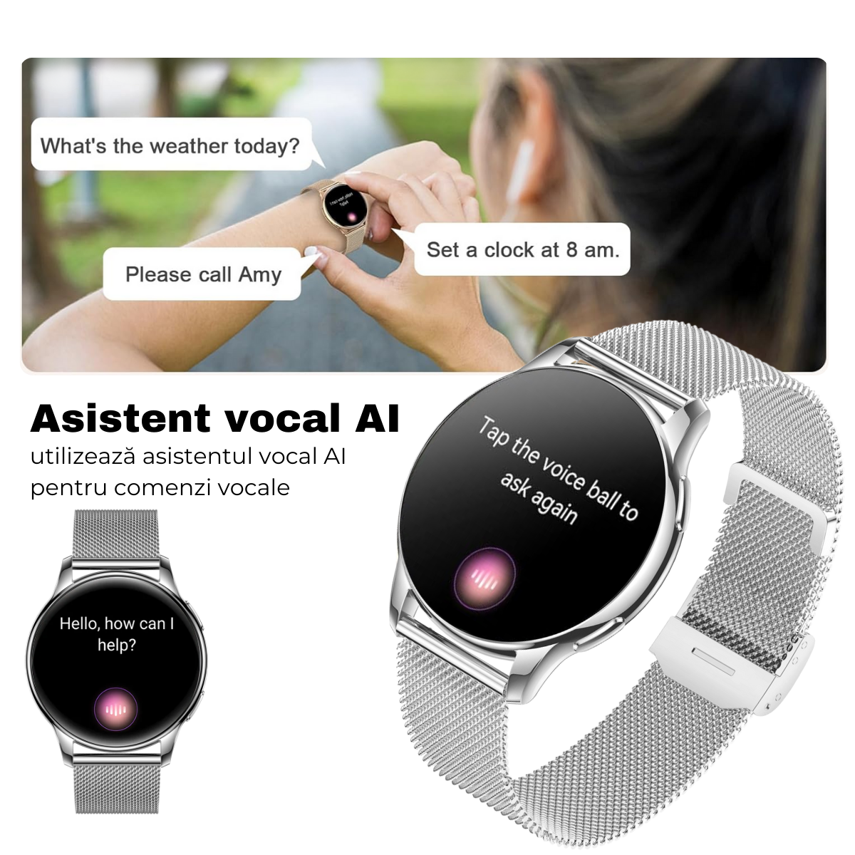 Women's smartwatch, 1.32" AMOLED screen, Notifications, Bluetooth Call, AI Voice Assistant, Multi Sports, Health Monitoring, easyCTRL®, Silver 