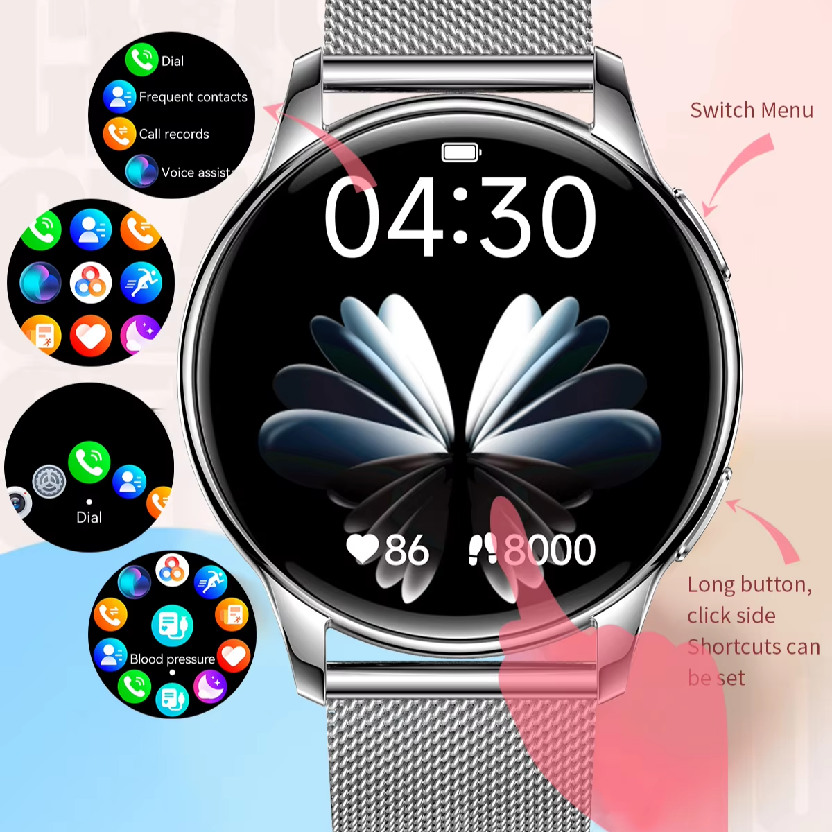 Women's smartwatch, 1.32" AMOLED screen, Notifications, Bluetooth Call, AI Voice Assistant, Multi Sports, Health Monitoring, easyCTRL®, Silver 