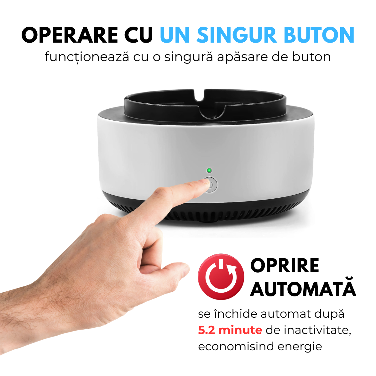 Scrumiera Electrica Multifunctionala 3-in-1, Aspirare Fum 360°, Purificare Aer, Tableta Odorizanta, Oprire Automata, Alimentare pe Baterii, easyCTRL®