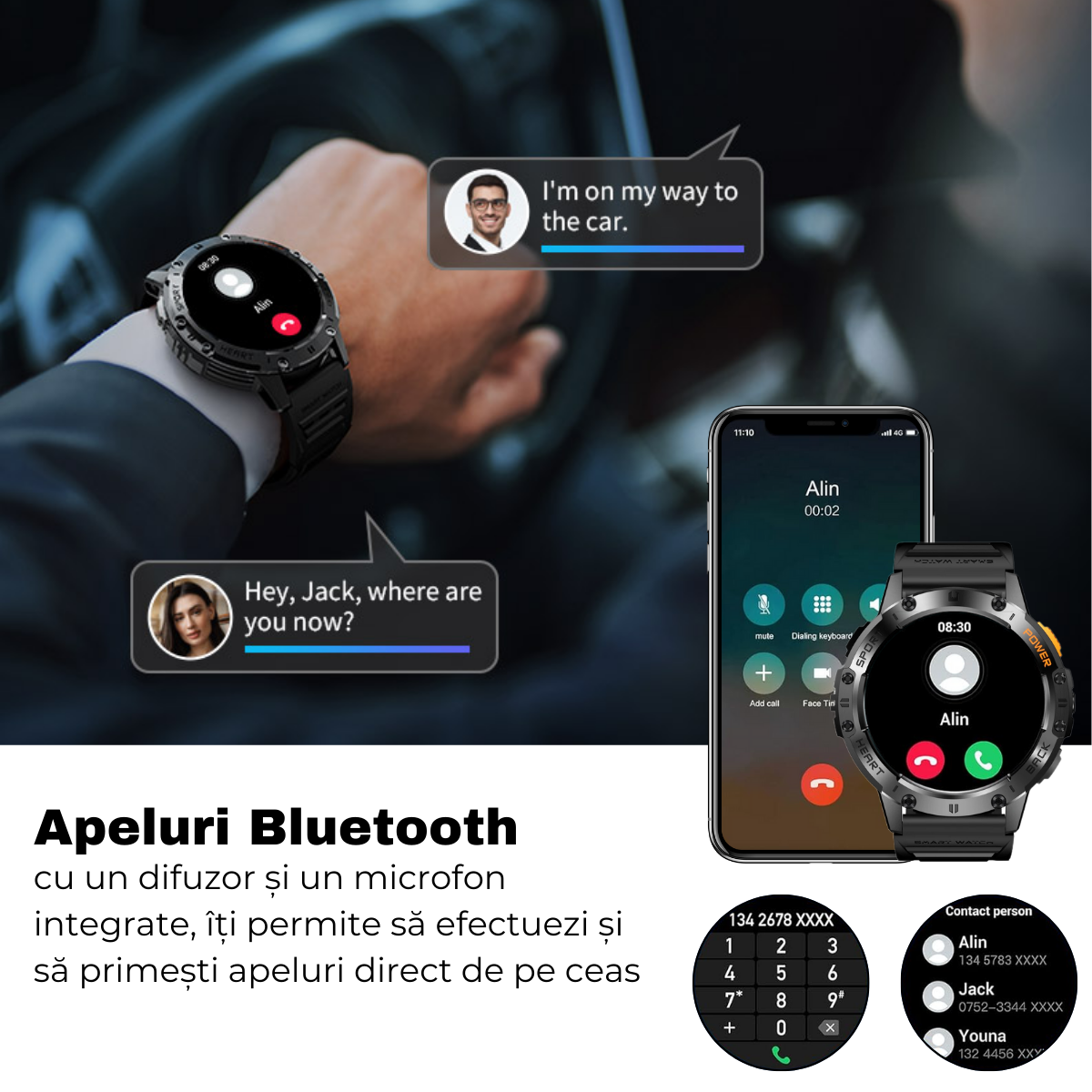 Ceas smartwatch, Ecran AMOLED 1.43", Rezistent la apa, Monitorizare oxigen, Ritm cardiac, Somn, Apel Bluetooth, Notificari mesaje, AI Asistent Vocal, Lanterna, easyCTRL®