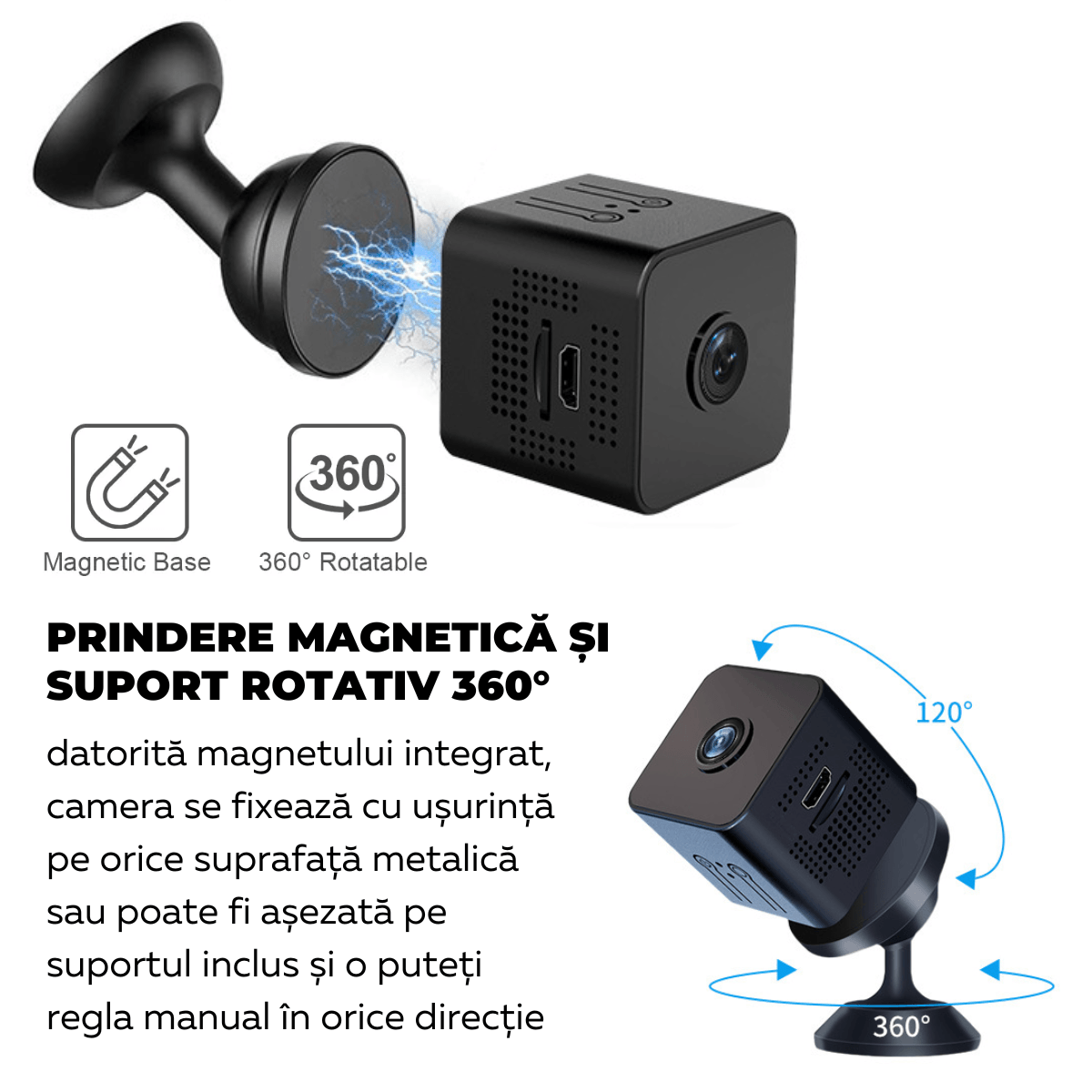 Mini Camera Spion, Wi-Fi, Prindere magnetica, Suport rotativ 360°, Monitorizare video in timp real, Night Vision, Detectare miscare, X1, easyCTRL®