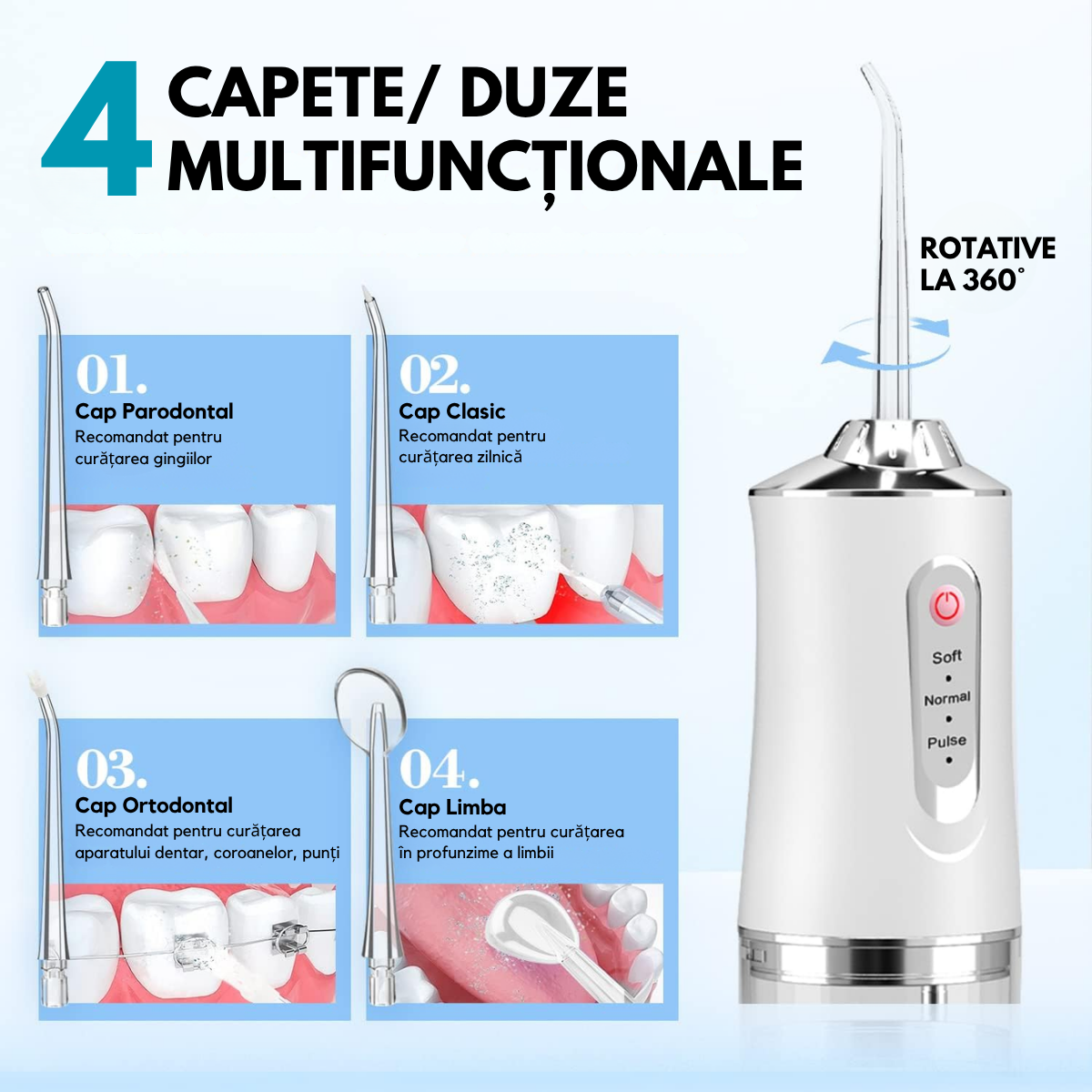 Irigator Oral Profesional, Dus Bucal Portabil, 4 Capete, 3 Moduri de Curatare, Rezervor 230ml, Alb