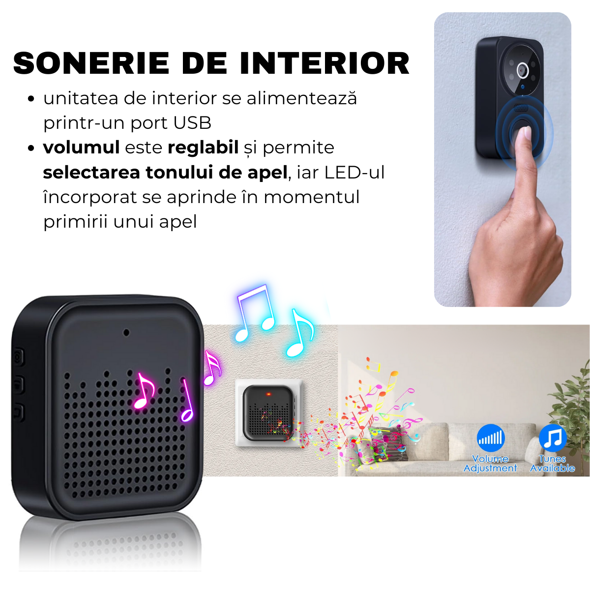 Sonerie Video Inteligenta, Fara Fir Wireless, Comunicare bidirectionala, Control la distanta prin APP Tuya Smart, Sonerie interior, 80°, Night Vision, easyCTRL®