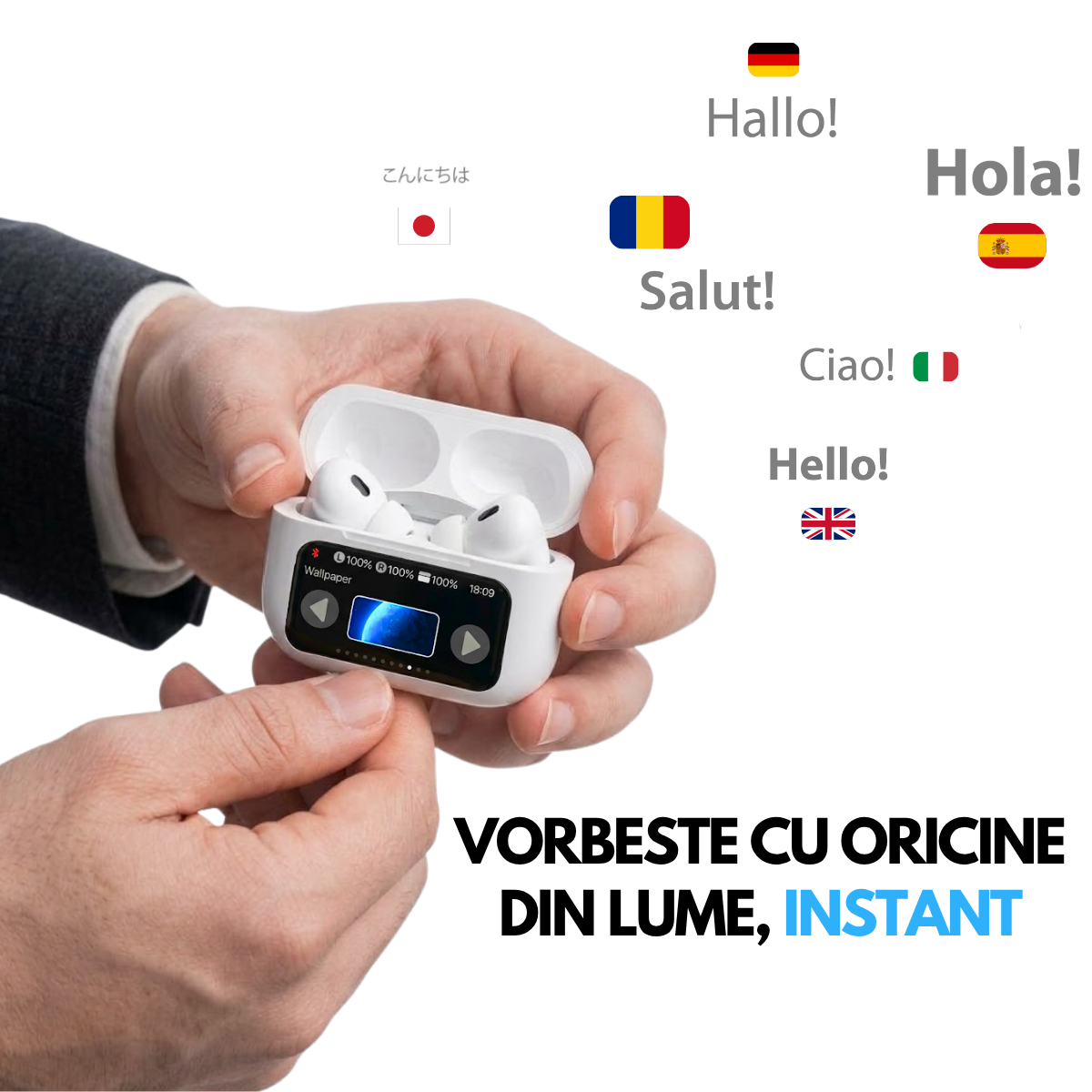 Casti cu Traducator pentru Conversatii in timp real, 151 Limbi Straine, Dialecte, Carcasa incarcare cu Touch Screen, Bluetooth 5.4, Control tactil, A9pro, easyCTRL®