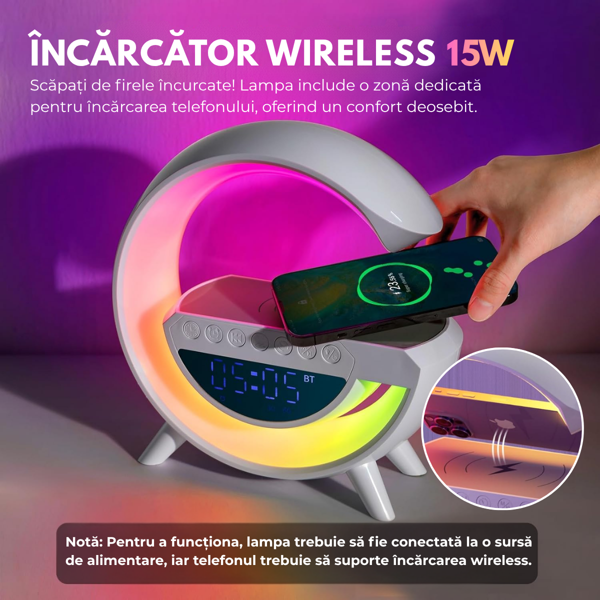 Lampa Inteligenta cu Lumini LED RGB, Incarcator Wireless 15W, Boxa Bluetooth, Radio FM, Ceas Digital, Alarma, Incarcare Type-C, Port AUX, Slot Card TF, Alb, easyCTRL®