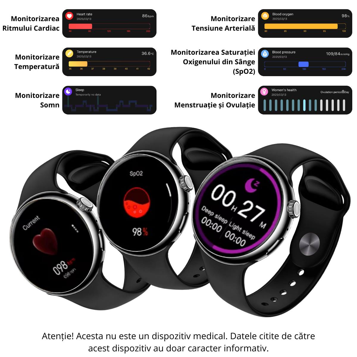Ceas smartwatch de dama, Ecran Tactil LCD 1.46", Control prin Gesturi, Apel Bluetooth, Multi Sport, Monitorizare Sanatate, Negru, easyCTRL®