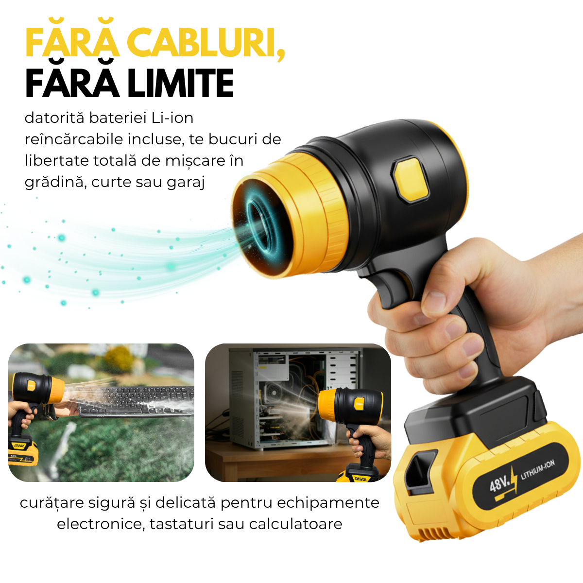 Suflanta Aer Turbo Multifunctionala, Portabila, 2 Acumulatori Li-Ion 48V, Viteza de Rotatie 34000 rpm, 1050W, Negru-Galben