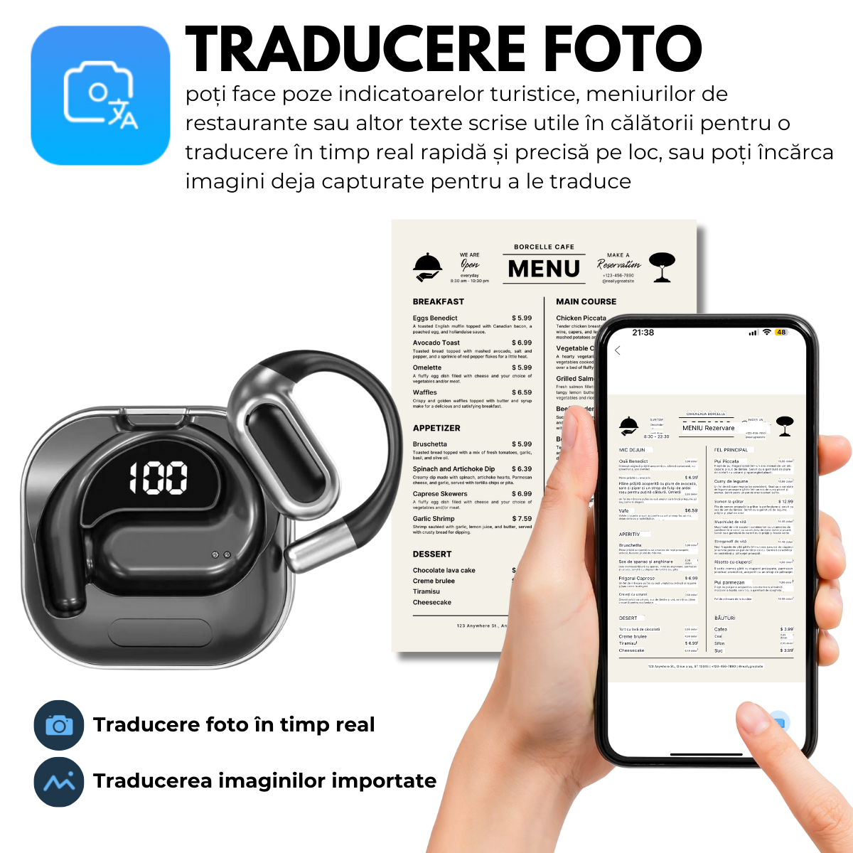 Casti cu Traducator pentru Conversatii in timp real, Open-Ear, 144 Limbi, Traducere Foto, Bluetooth 5.4, Control tactil, Carcasa de incarcare, V80, Negru, easyCTRL®