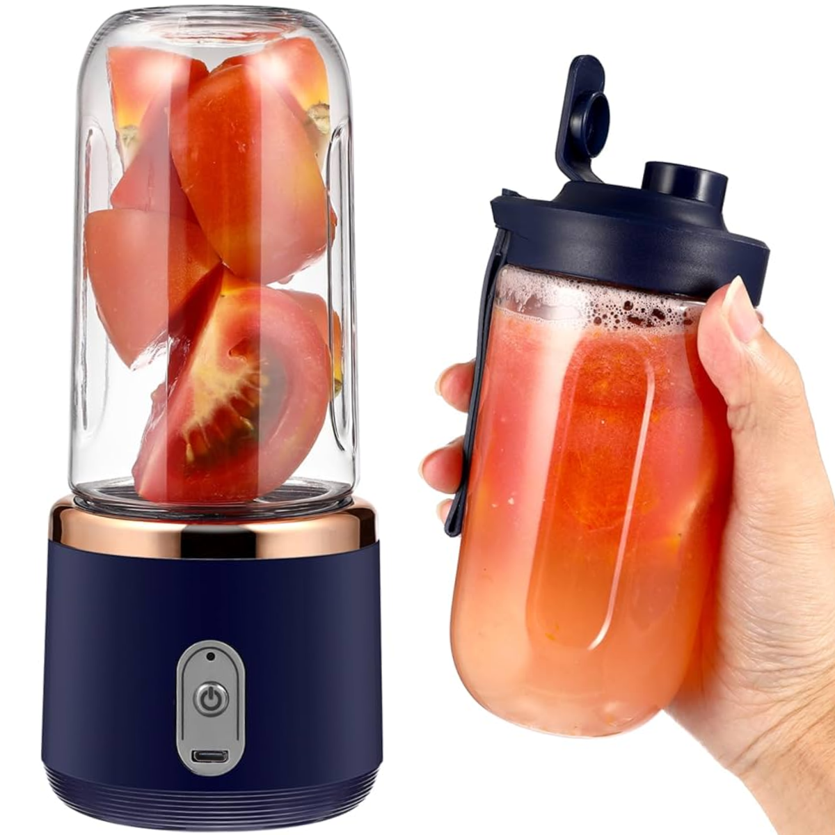Mini Blender Portabil, 2 Recipiente, 400 ml, 6 Lame 3D, USB-C reincarcabil, 45W, Capac Inclus, Bleumarin, easyCTRL®