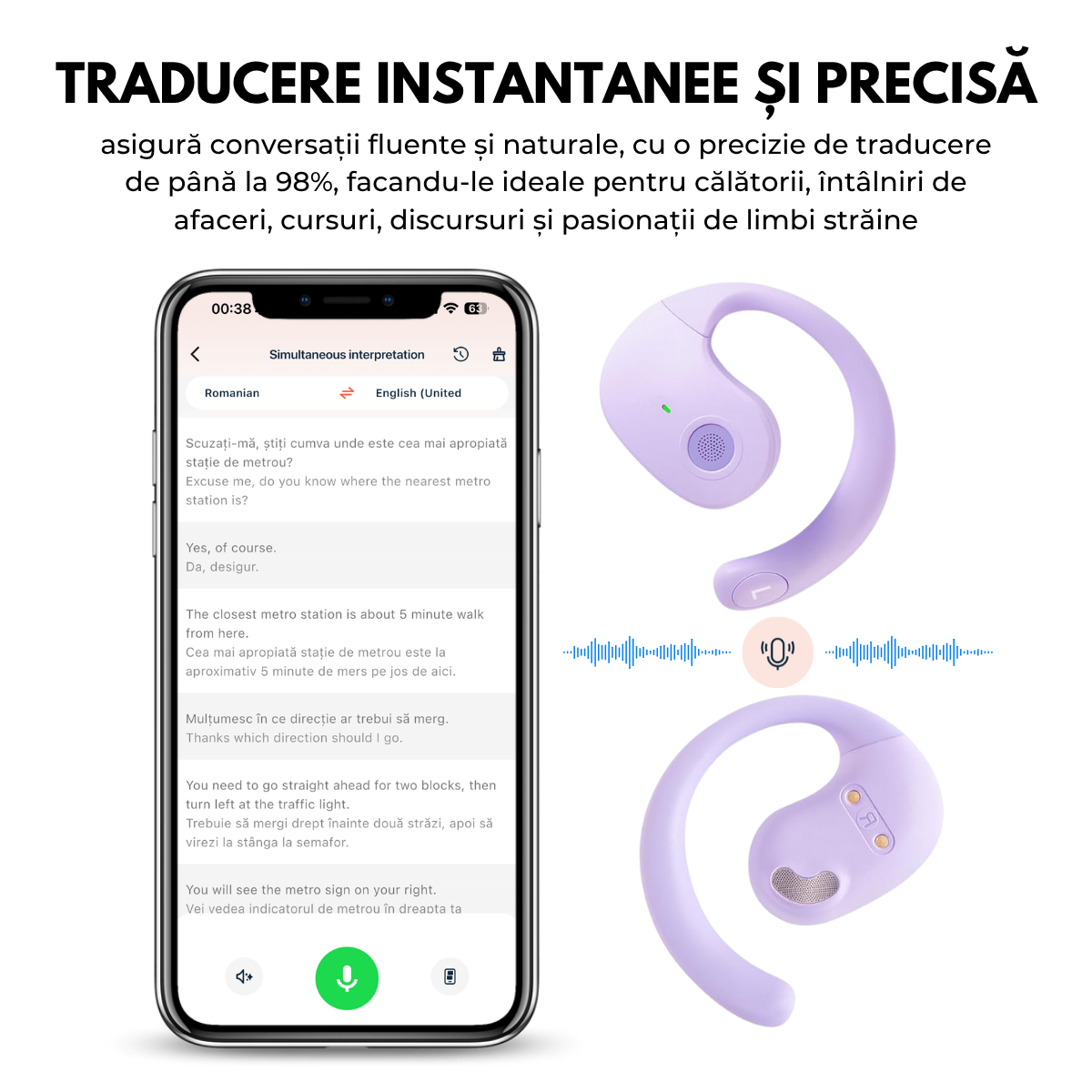 Casti cu Traducator pentru Conversatii in timp real, Open-Ear, 139 Limbi, Bluetooth 5.4, Control tactil, Carcasa de incarcare, T2, Mov, easyCTRL®