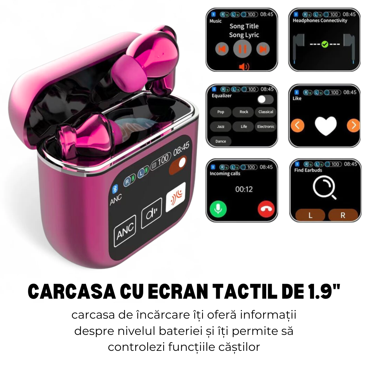 Casti Wireless In Ear, Carcasa cu Touch Screen, Bluetooth 5.4, Control Tactil, Anulare Zgomot ANC + ENC, Mov, easyCTRL®
