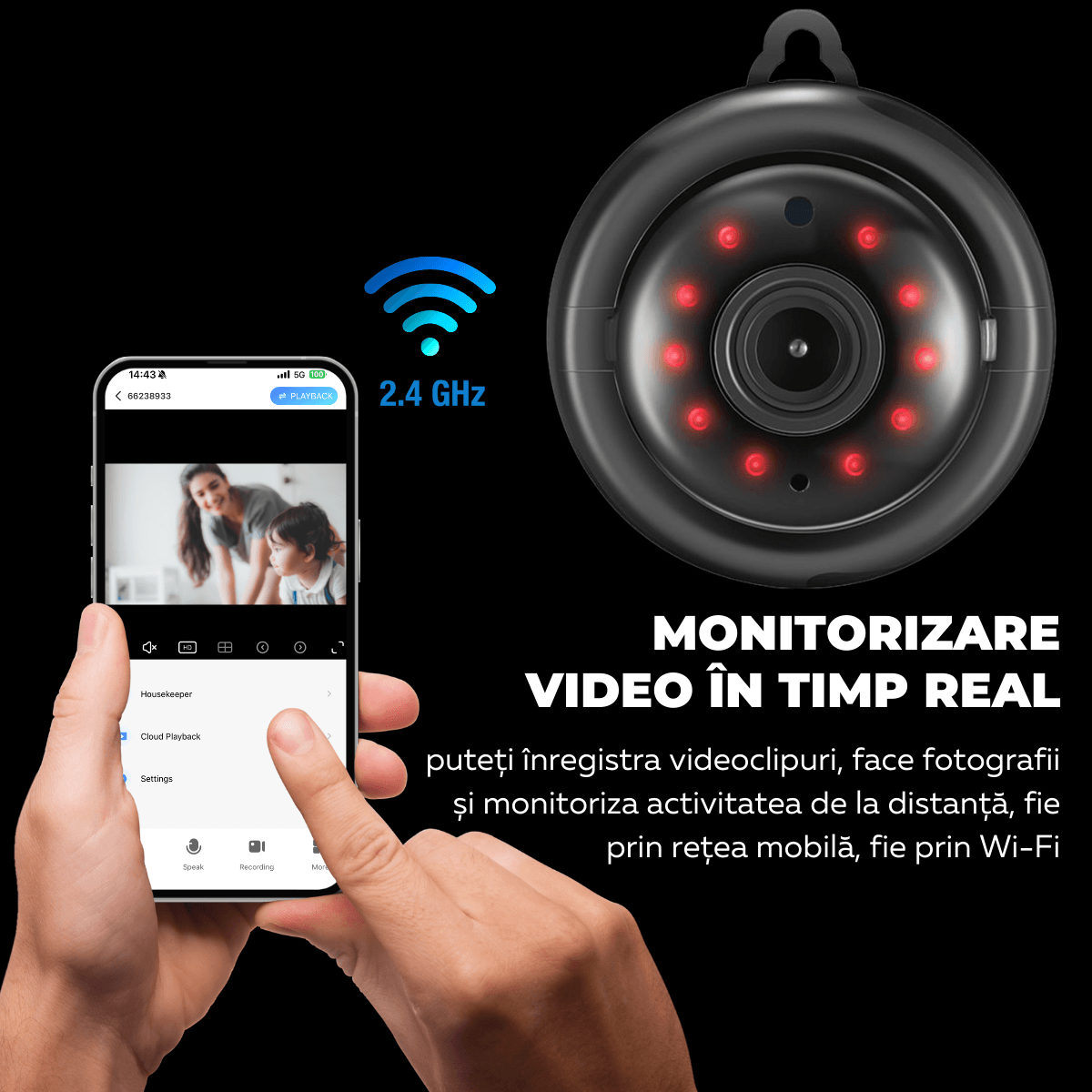 Mini Camera Spion, Wi-Fi, Monitorizare video in timp real, Vedere nocturna, Detectare miscare, Q2, easyCTRL®