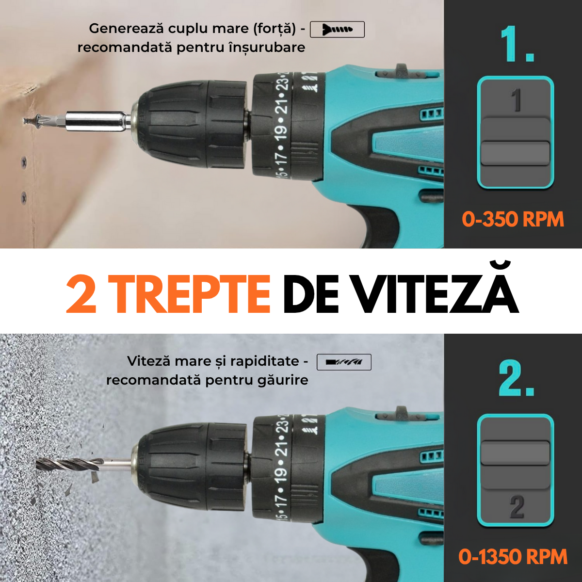 Masina de gaurit si insurubat, Bormasina cu percutie, Cutie cu 25 accesorii, 2 Acumulatori 48V, 2 trepte 350/1350 RPM, Cuplu 32 Nm, Mandrina 10mm