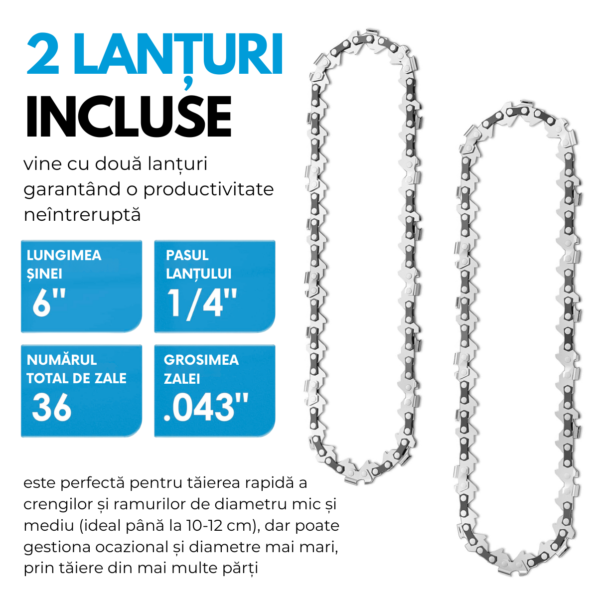 Mini Drujba Electrica Portabila, Fierastrau, 2 Acumulatori, 2 Lanturi, Buton de siguranta, Aparatoare mobila