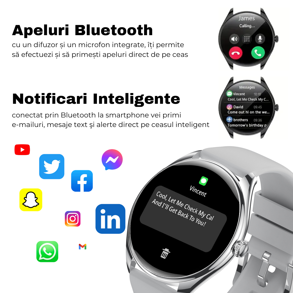 Unisex smartwatch, 1.43" AMOLED Screen, 6.8mm Ultra-Thin, Bluetooth Call, AI Voice Assistant, Multi Sports, Health Monitoring, easyCTRL®, Silver 