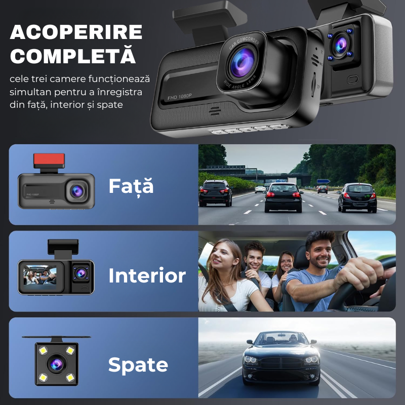 Camera Auto tripla de bord, Frontala / Interioara / Marsarier, DVR, Wi-Fi, Full HD, Night Vision, Unghi 170°, Mod Parcare, Senzor Miscare, Display 2", G-Senzor, Aplicatie dedicata, A98, easyCTRL®