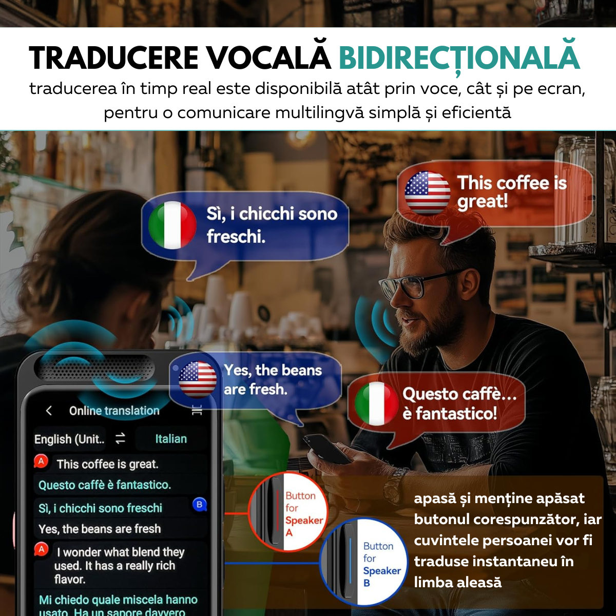 Traducator Inteligent Multifunctional, Asistent AI, Bluetooth, 139+ Limbi, Traducere Vocala Online, Traducere Offline, Traducere Foto, Traducere Inregistrari, Ecran tactil 4.1 inch, Schimb Valutar, 8GB, easyCTRL®