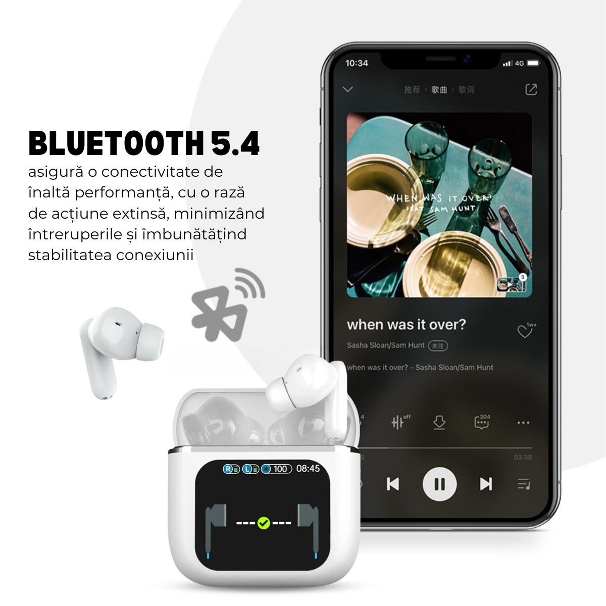 Casti Wireless In Ear, Carcasa cu Touch Screen, Bluetooth 5.4, Control Tactil, Anulare Zgomot ANC + ENC, Alb, easyCTRL®