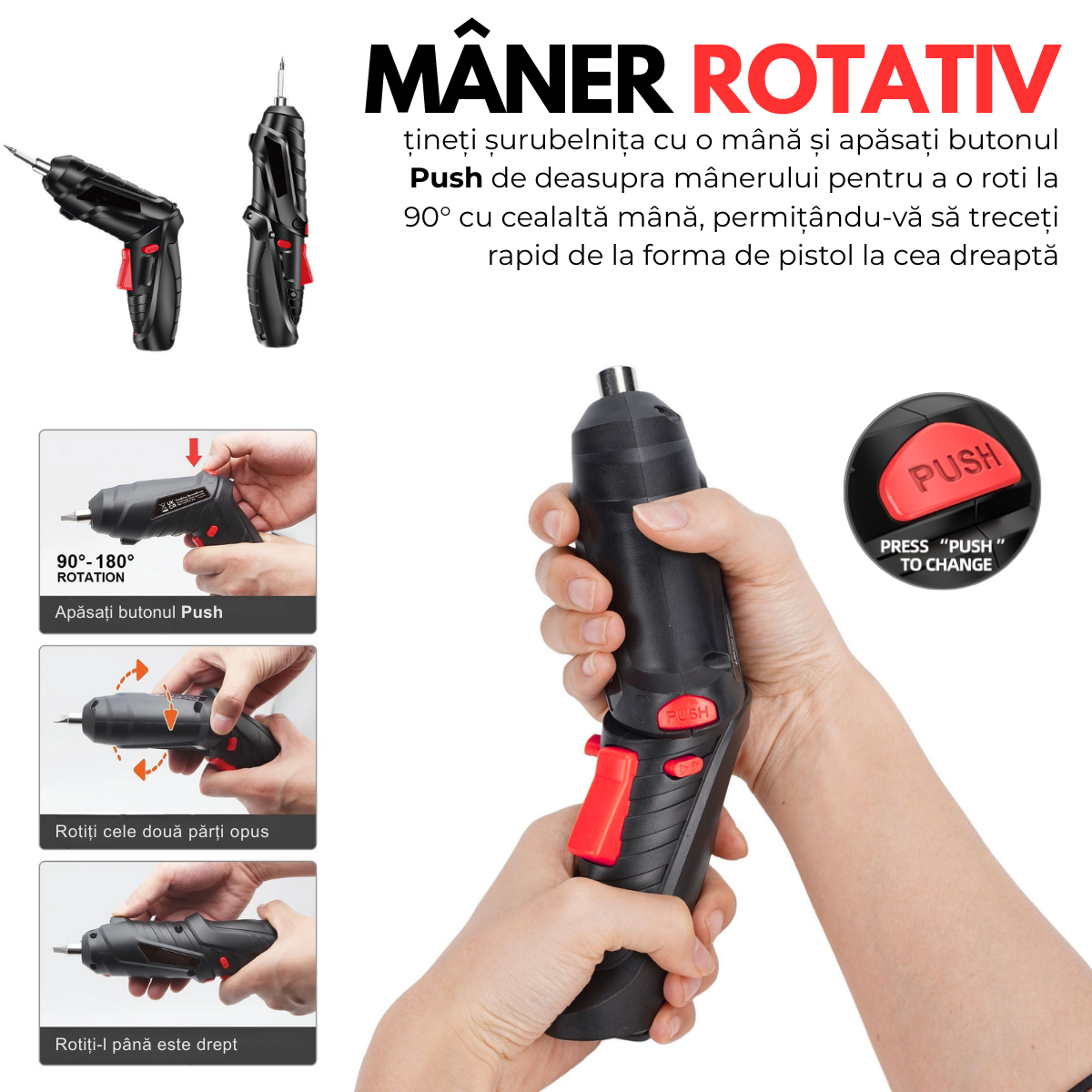 Surubelnita Electrica fara fir, Cutie cu 47 accesorii, Acumulator 3.6V 1800mAh, 250 RPM, Cuplu 3 Nm, Iluminare LED