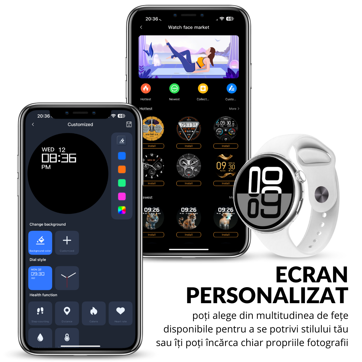 Ceas smartwatch de dama, Ecran Tactil LCD 1.46", Control prin Gesturi, Apel Bluetooth, Multi Sport, Monitorizare Sanatate, Alb, easyCTRL®