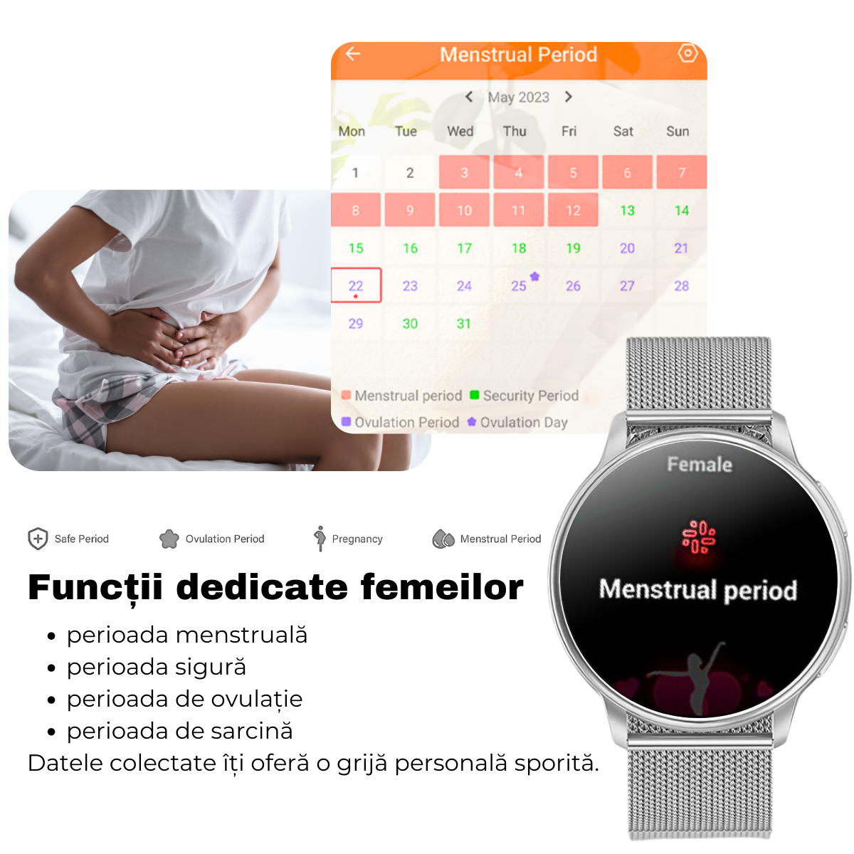 Women's smartwatch, 1.32" AMOLED screen, Notifications, Bluetooth Call, AI Voice Assistant, Multi Sports, Health Monitoring, easyCTRL®, Silver 