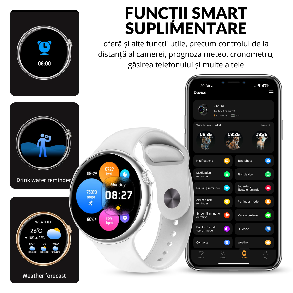 Ceas smartwatch de dama, Ecran Tactil LCD 1.46", Control prin Gesturi, Apel Bluetooth, Multi Sport, Monitorizare Sanatate, Alb, easyCTRL®