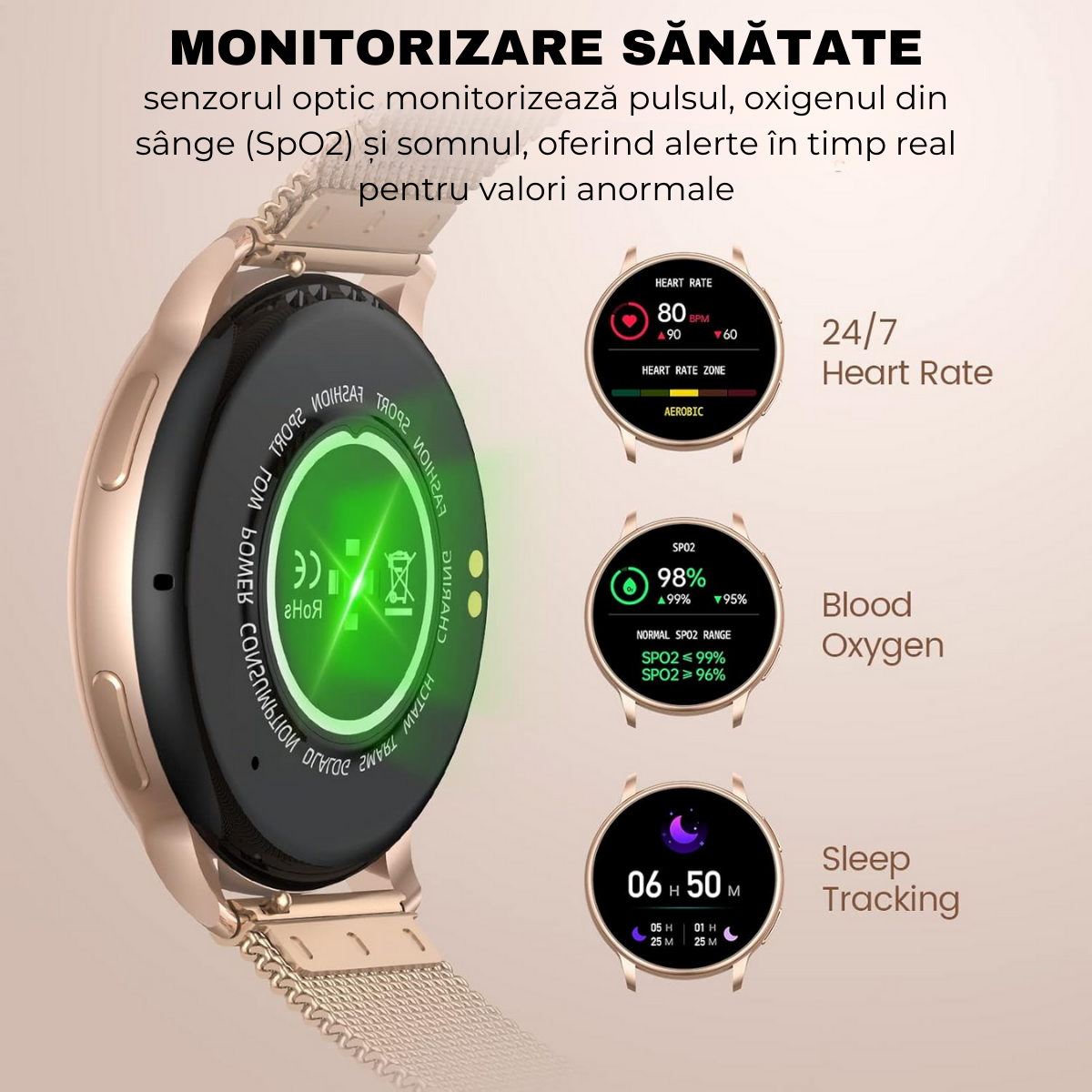 Women's smartwatch, 1.32" AMOLED screen, Notifications, Bluetooth Call, AI Voice Assistant, Multi Sports, Health Monitoring, easyCTRL®, Gold