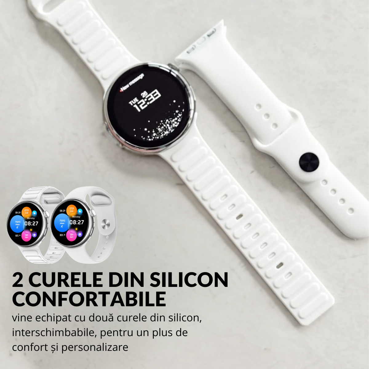 Ceas smartwatch de dama, Ecran Tactil LCD 1.46", Control prin Gesturi, Apel Bluetooth, Multi Sport, Monitorizare Sanatate, Alb, easyCTRL®
