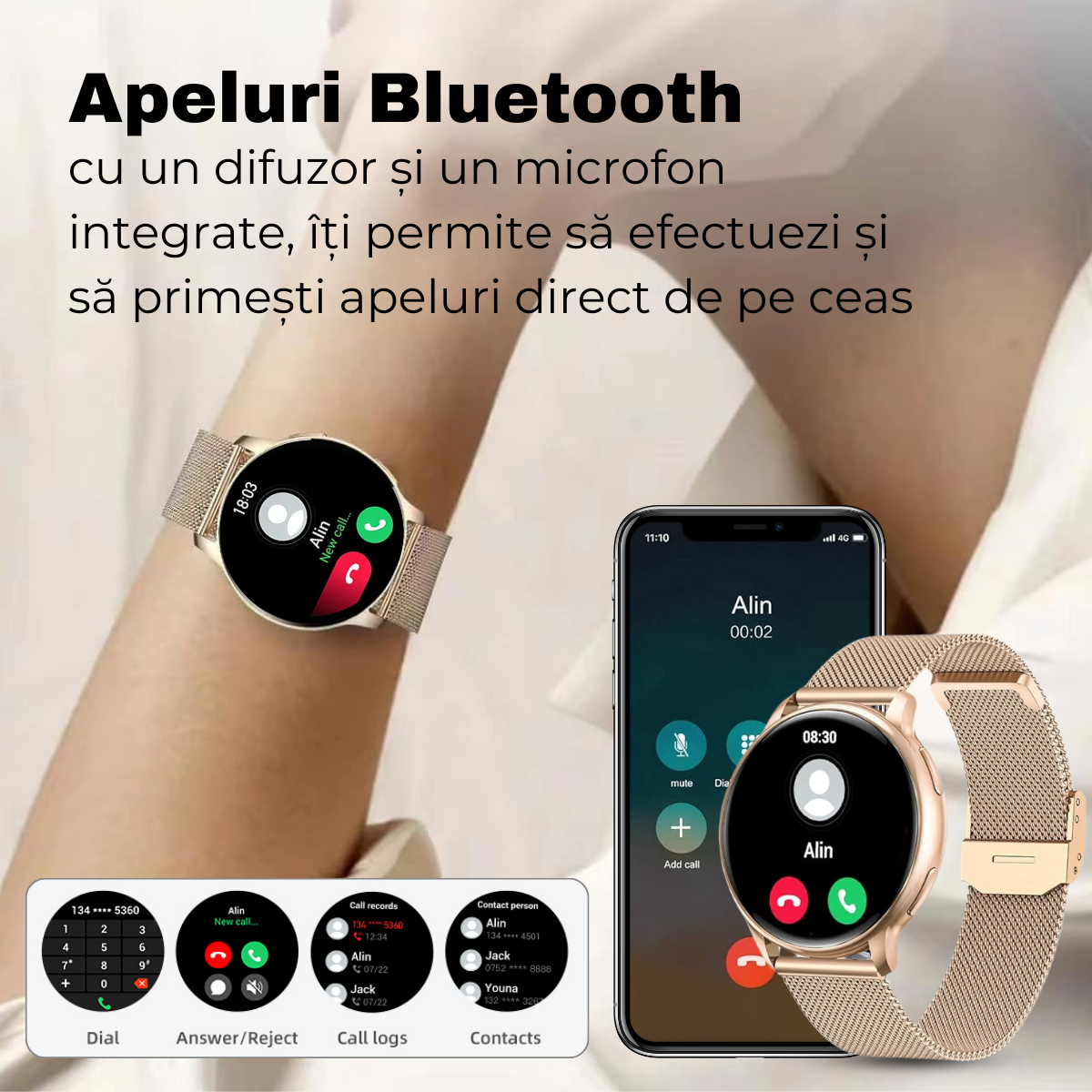 Women's smartwatch, 1.32" AMOLED screen, Notifications, Bluetooth Call, AI Voice Assistant, Multi Sports, Health Monitoring, easyCTRL®, Gold