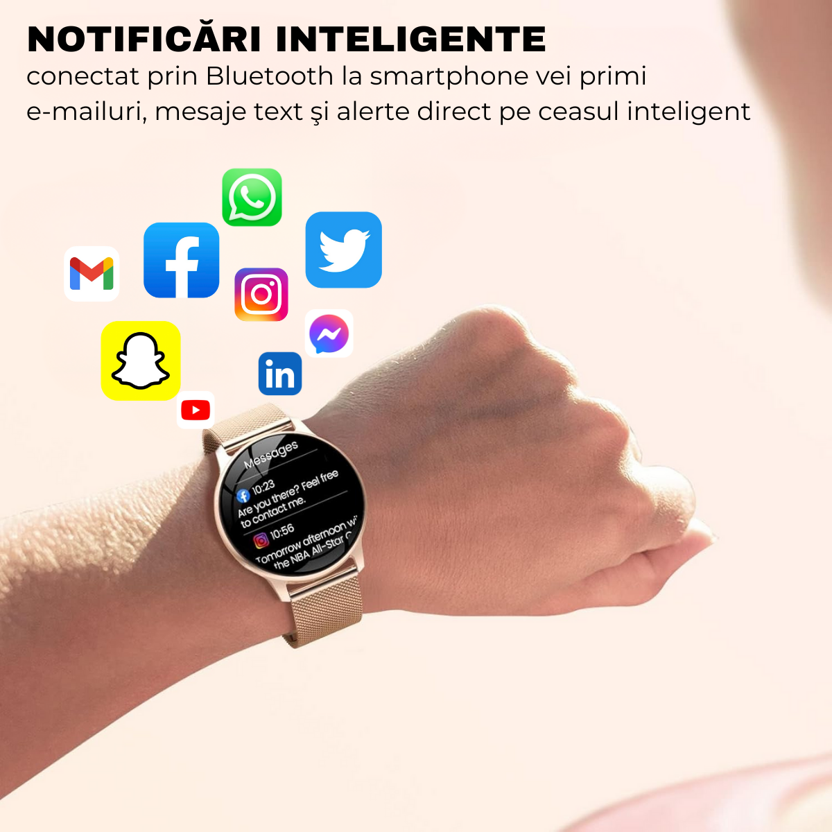 Ceas smartwatch dama, Ecran AMOLED 1.32", Notificari, Apel Bluetooth, AI Asistent Vocal, Multi Sport, Monitorizare Sanatate, easyCTRL®, Gold