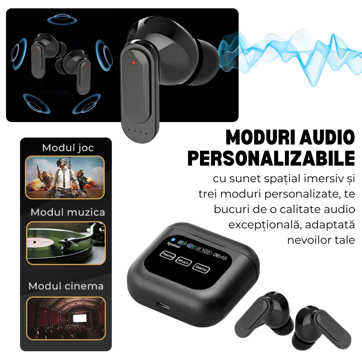 Casti Wireless In Ear, Carcasa cu Touch Screen, Bluetooth 5.4, Control Tactil, Anulare Zgomot ANC + ENC, easyCTRL®, Negru