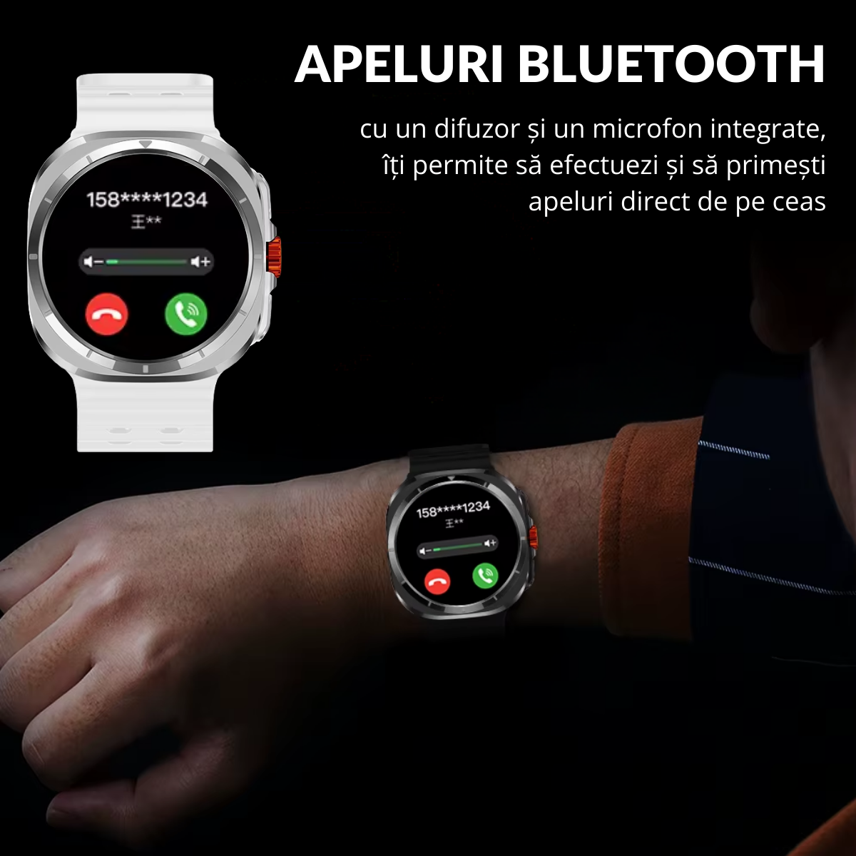 Ceas smartwatch de barbati, Ecran Tactil LCD 1.52", Apel Bluetooth, Multi Sport, Monitorizare Sanatate, Alb, easyCTRL®