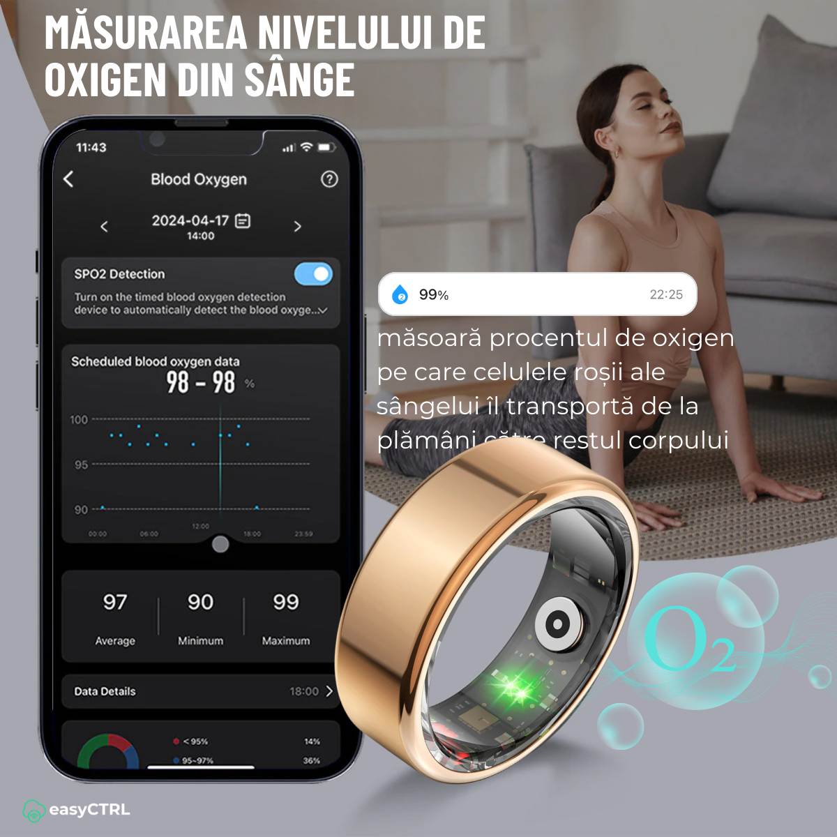 Smart Ring, Bluetooth, Wireless Charging Box, Monitors Pulse, Blood Oxygen, Sleep, Calories, Waterproof IP68, Gold, easyCTRL®