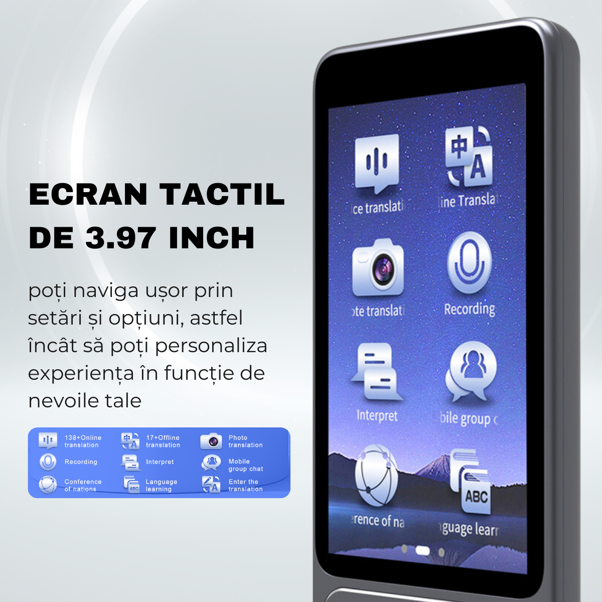 Translator with Artificial Intelligence (AI), 3.97 inch touch screen, Voice translation, Recorder, Dictionary, 138 Languages, easyCTRL® 